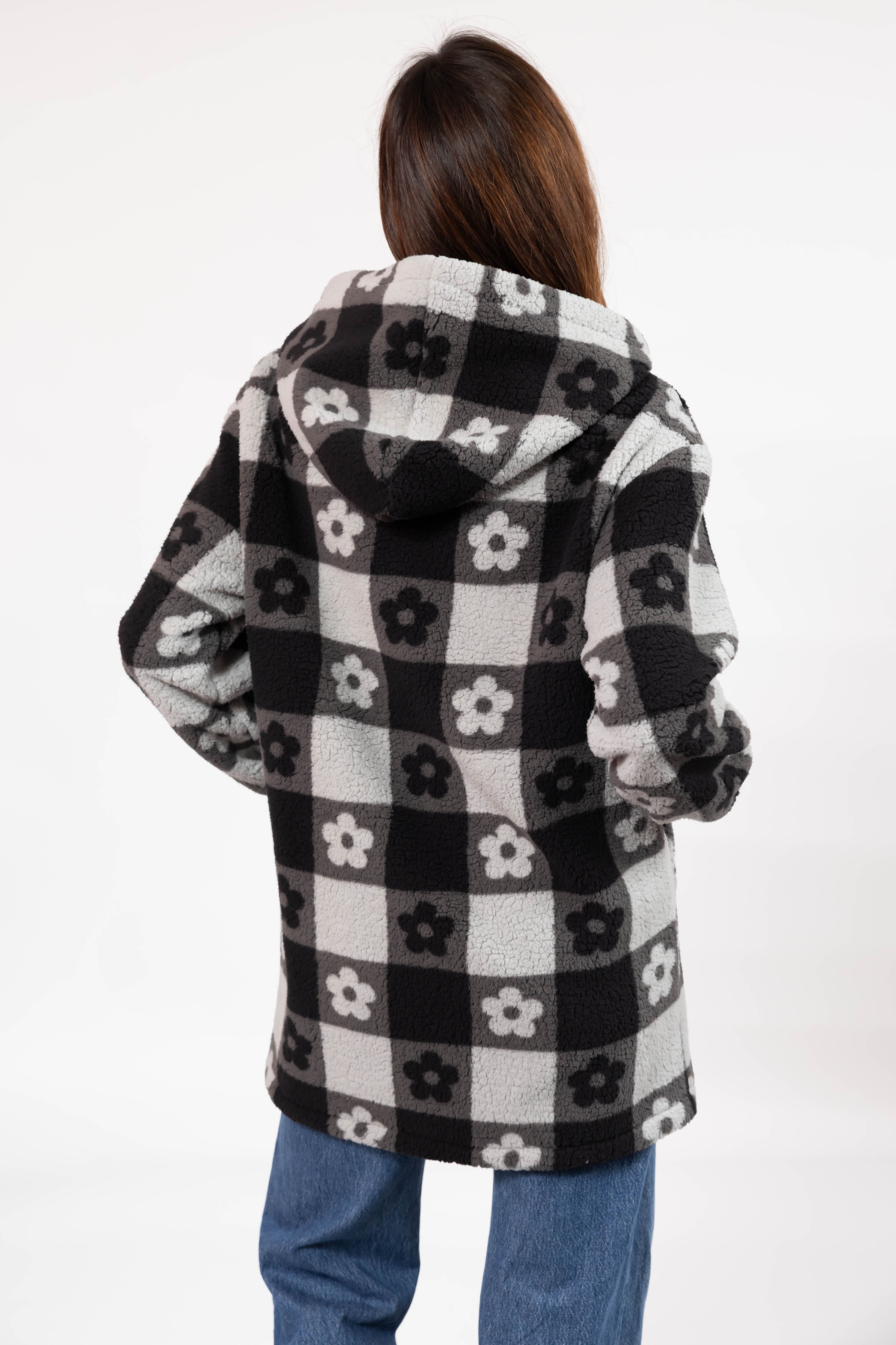 Teddy Floral Hooded Jacket in Midnight Black/Grey