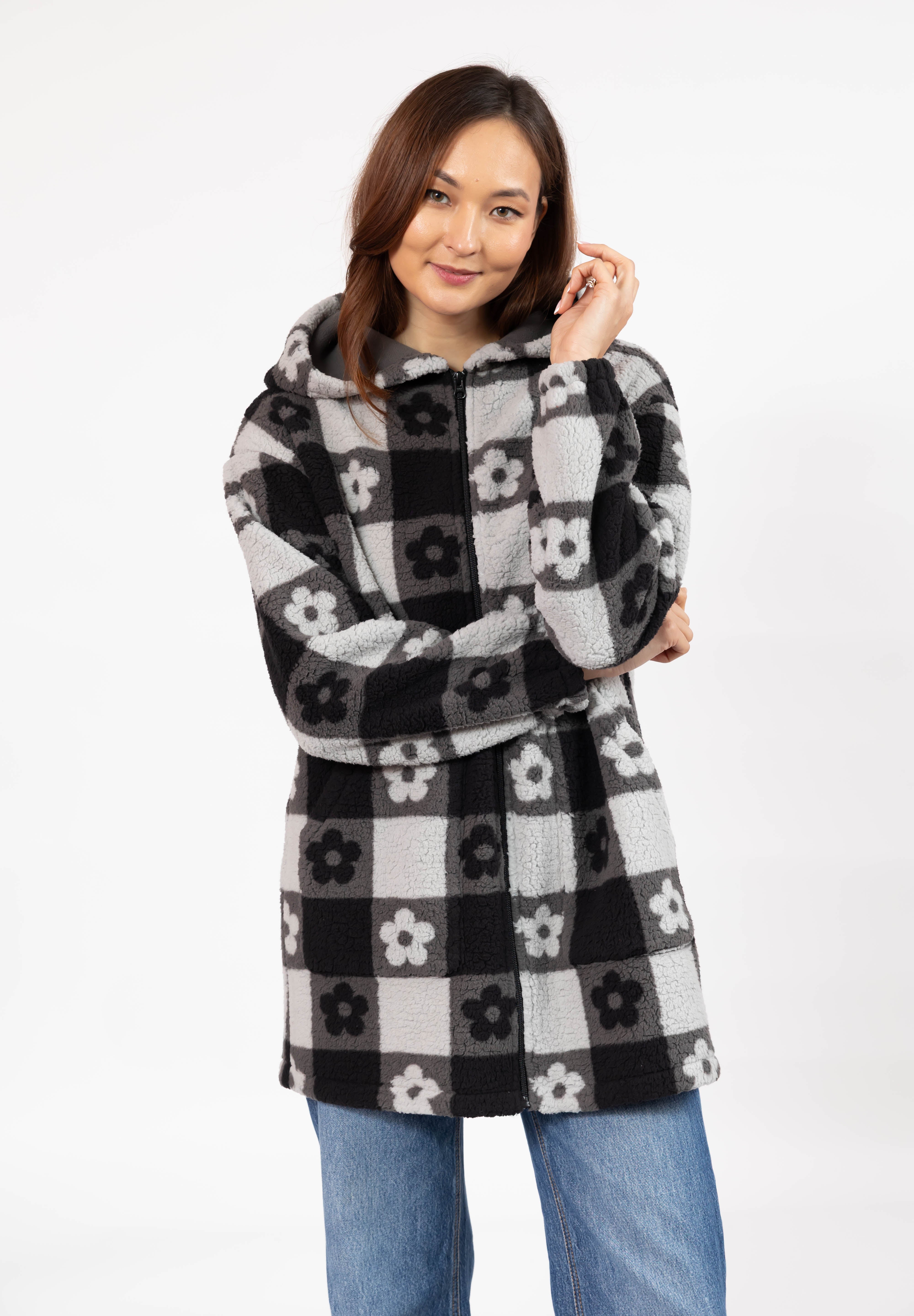 Teddy Floral Hooded Jacket in Midnight Black/Grey