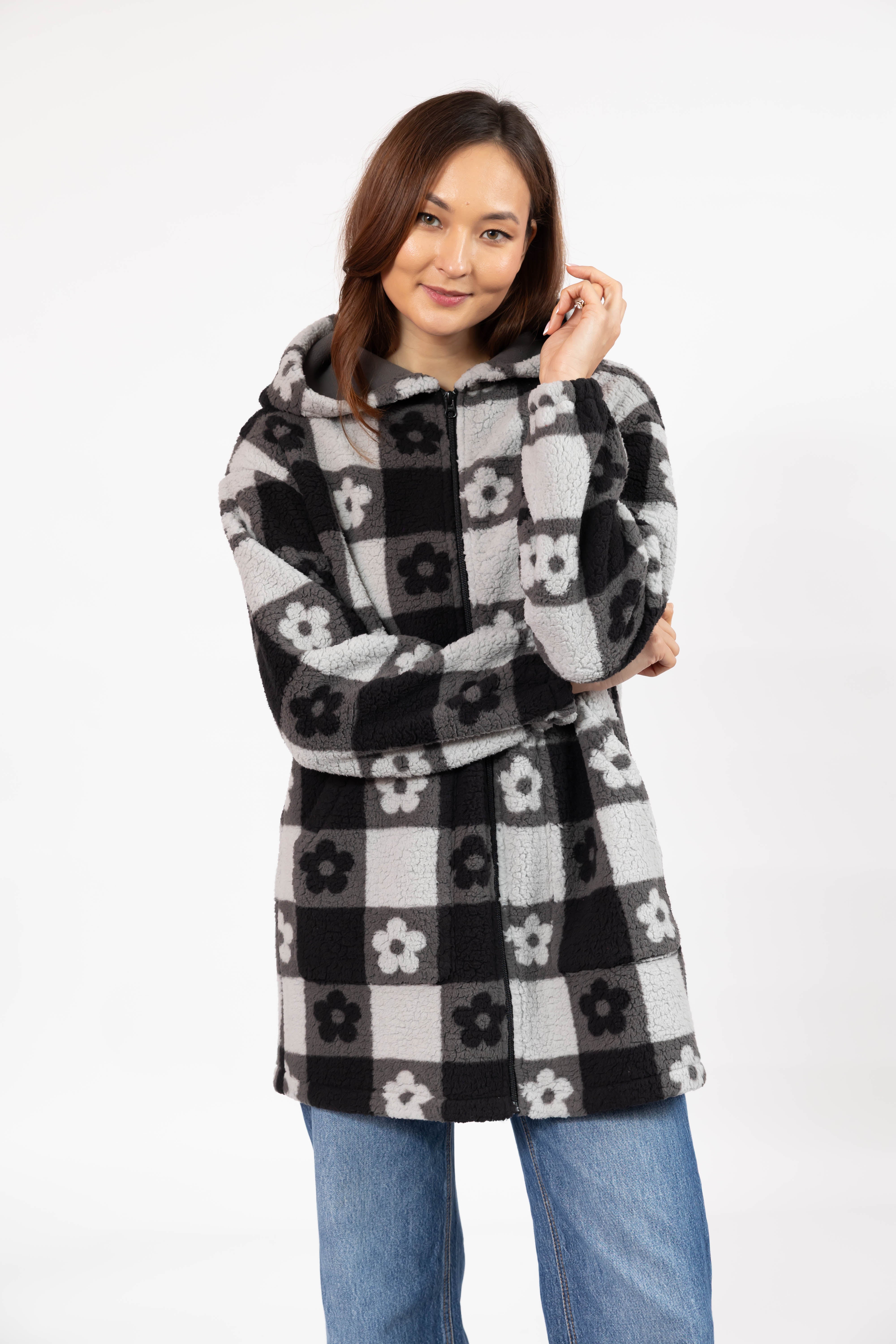 Teddy Floral Hooded Jacket in Midnight Black/Grey