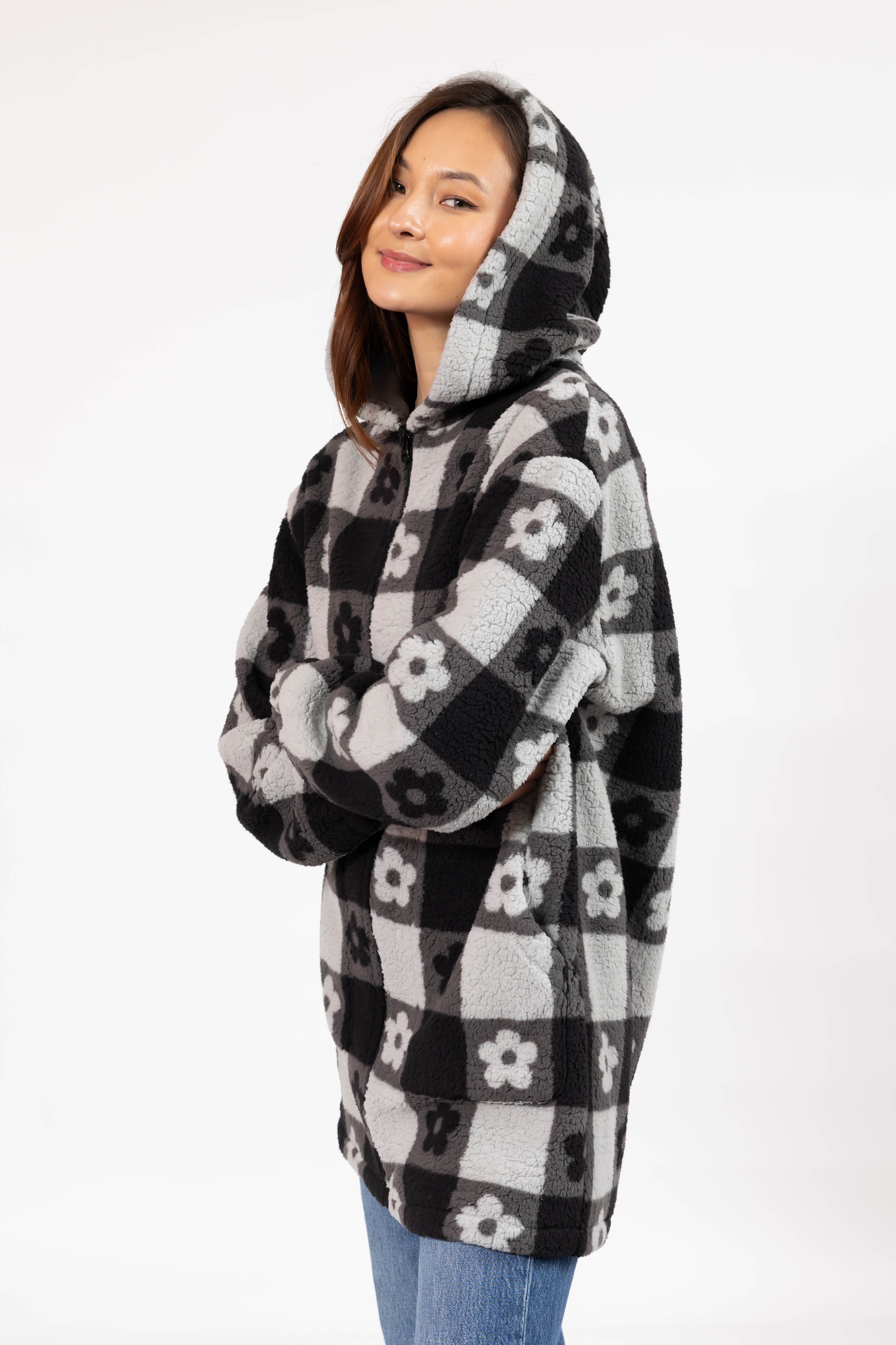 Teddy Floral Hooded Jacket in Midnight Black/Grey