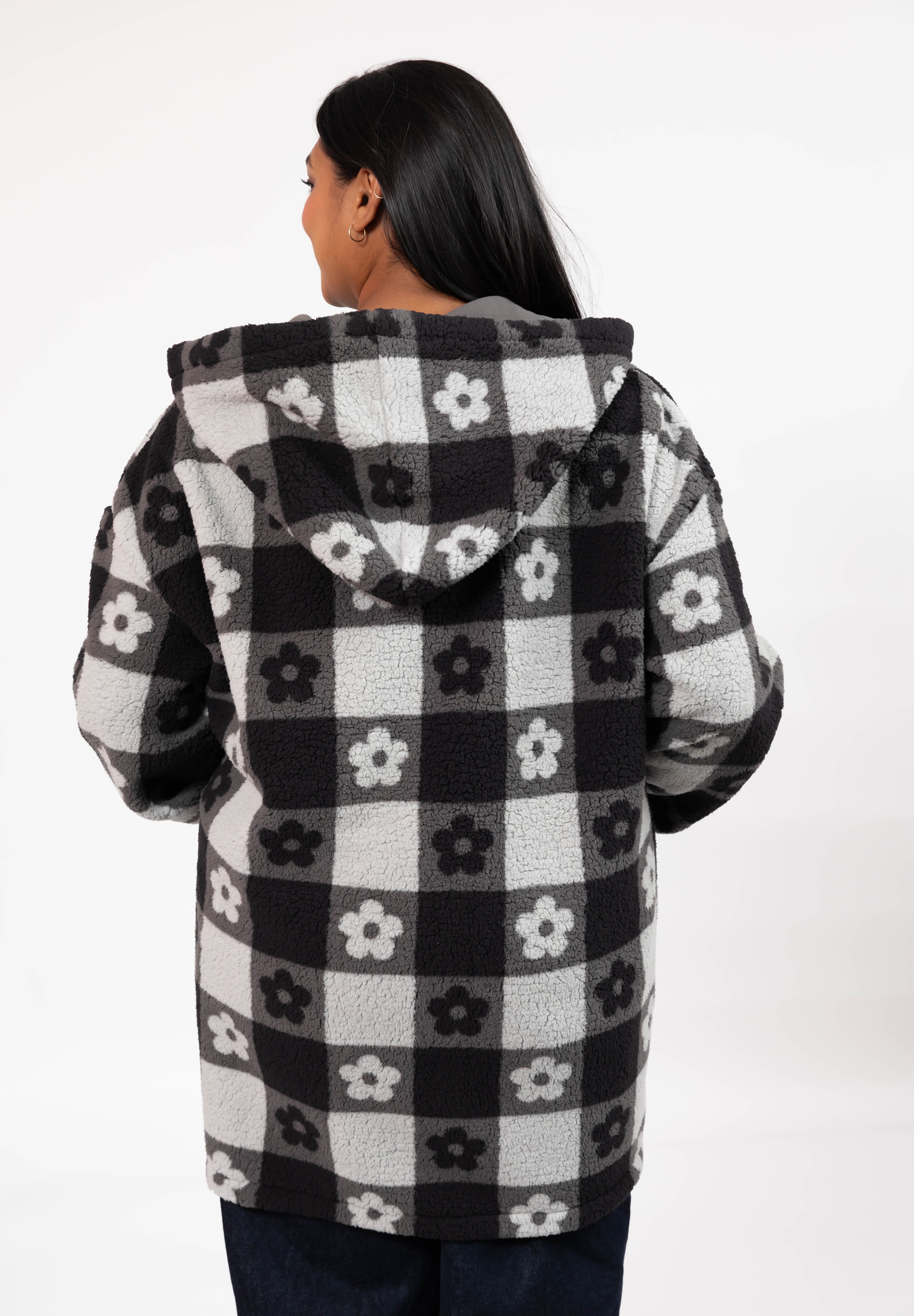 Teddy Floral Hooded Jacket in Midnight Black/Grey