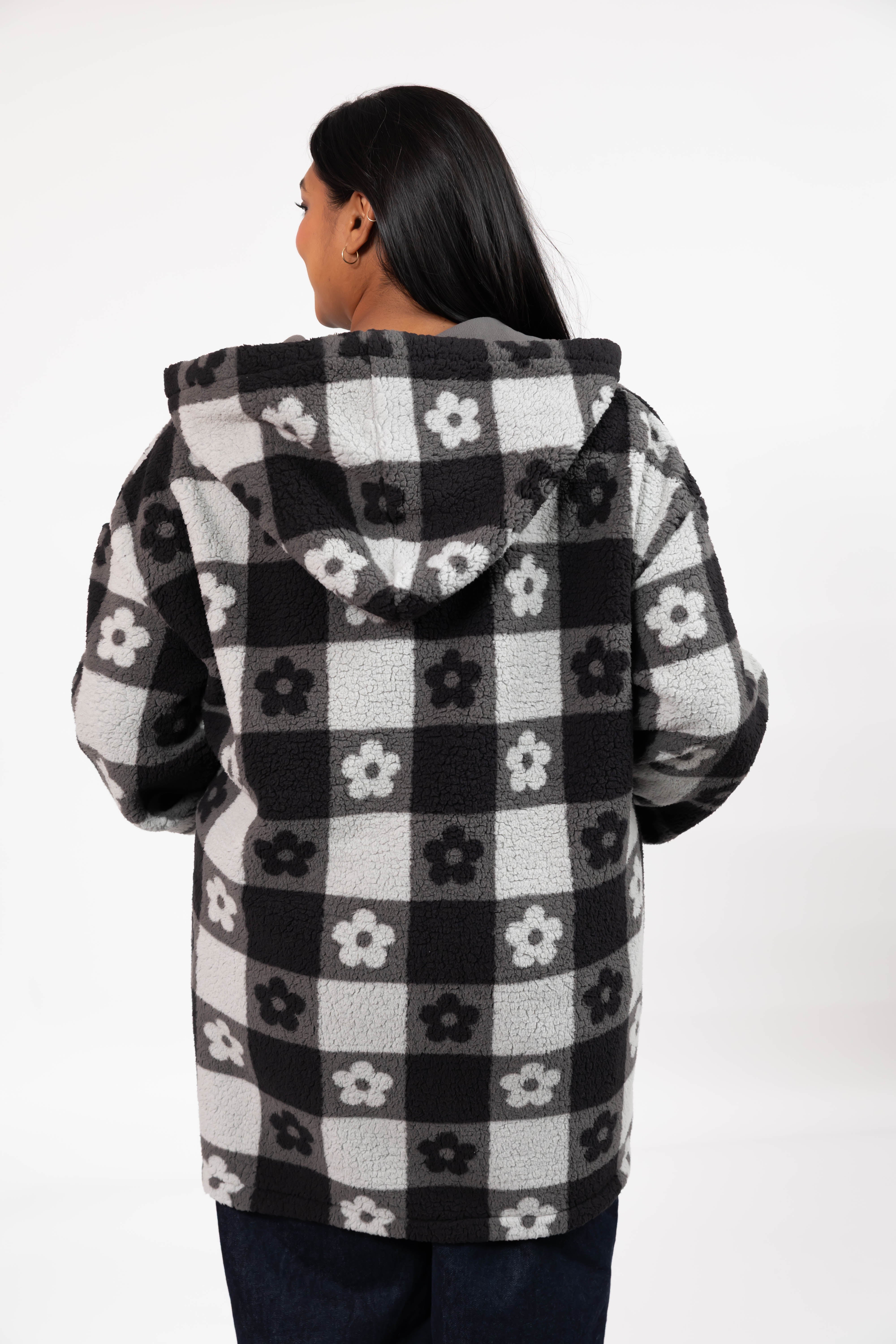 Teddy Floral Hooded Jacket in Midnight Black/Grey