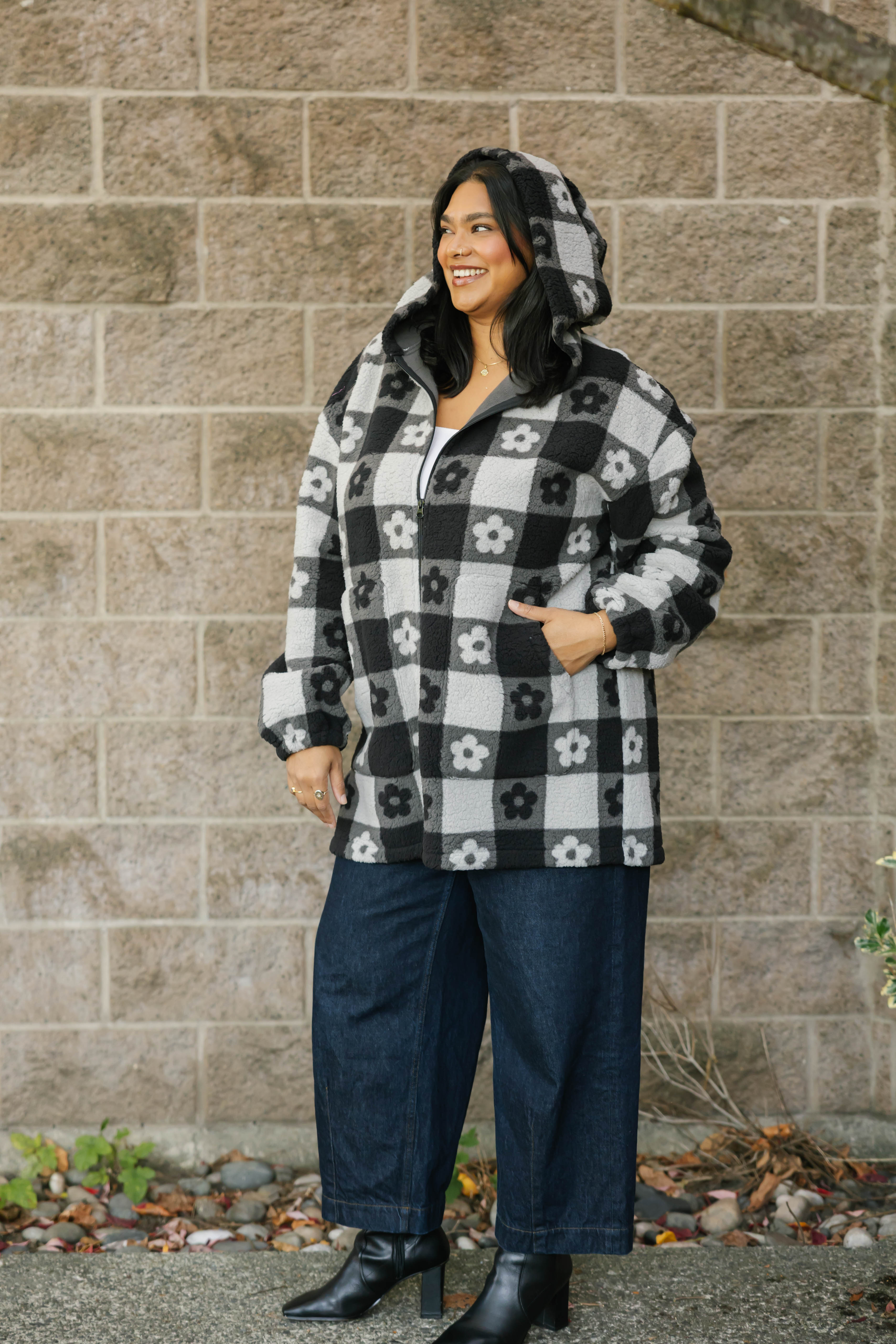 Teddy Floral Hooded Jacket in Midnight Black/Grey