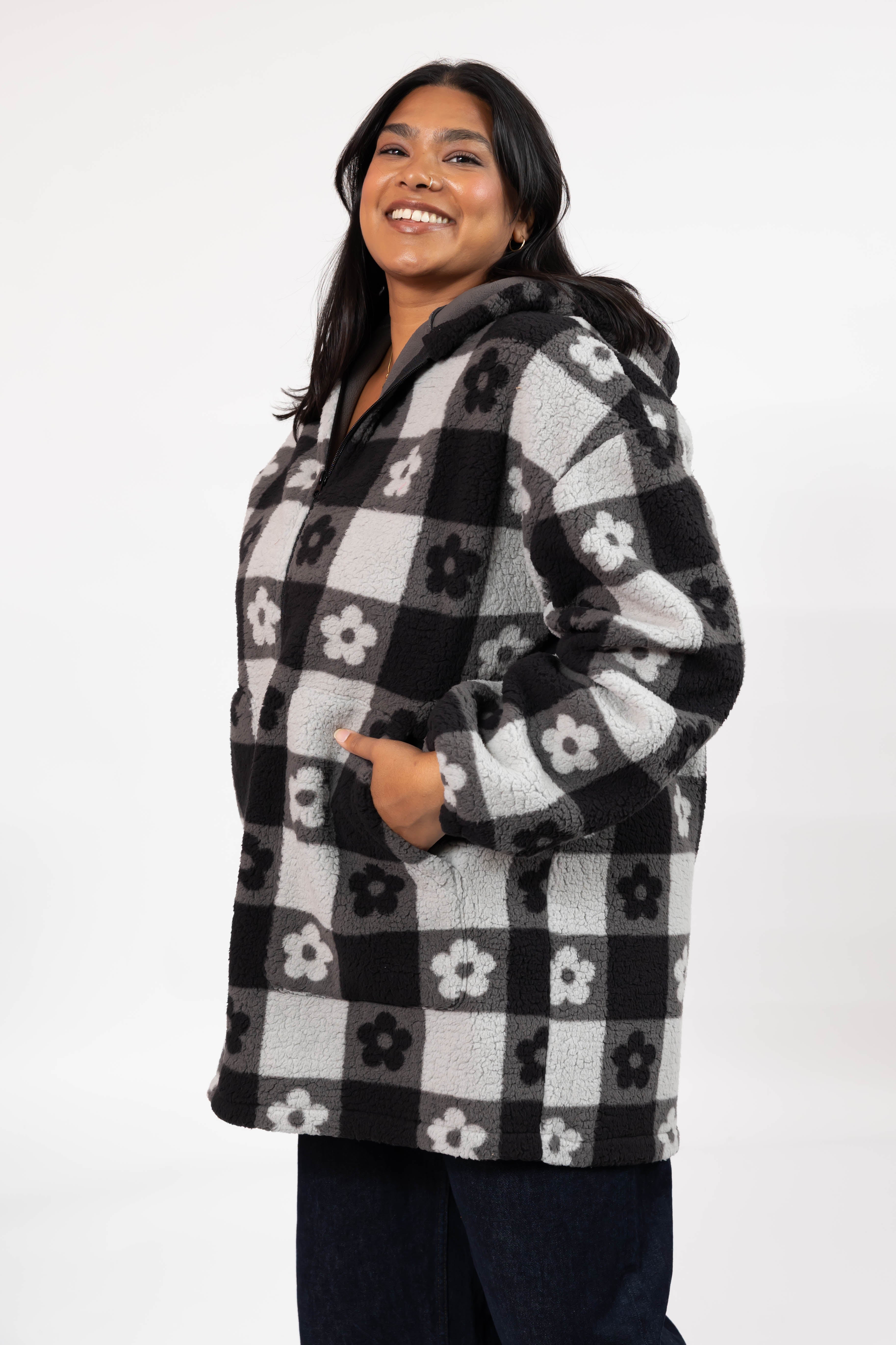 Teddy Floral Hooded Jacket in Midnight Black/Grey