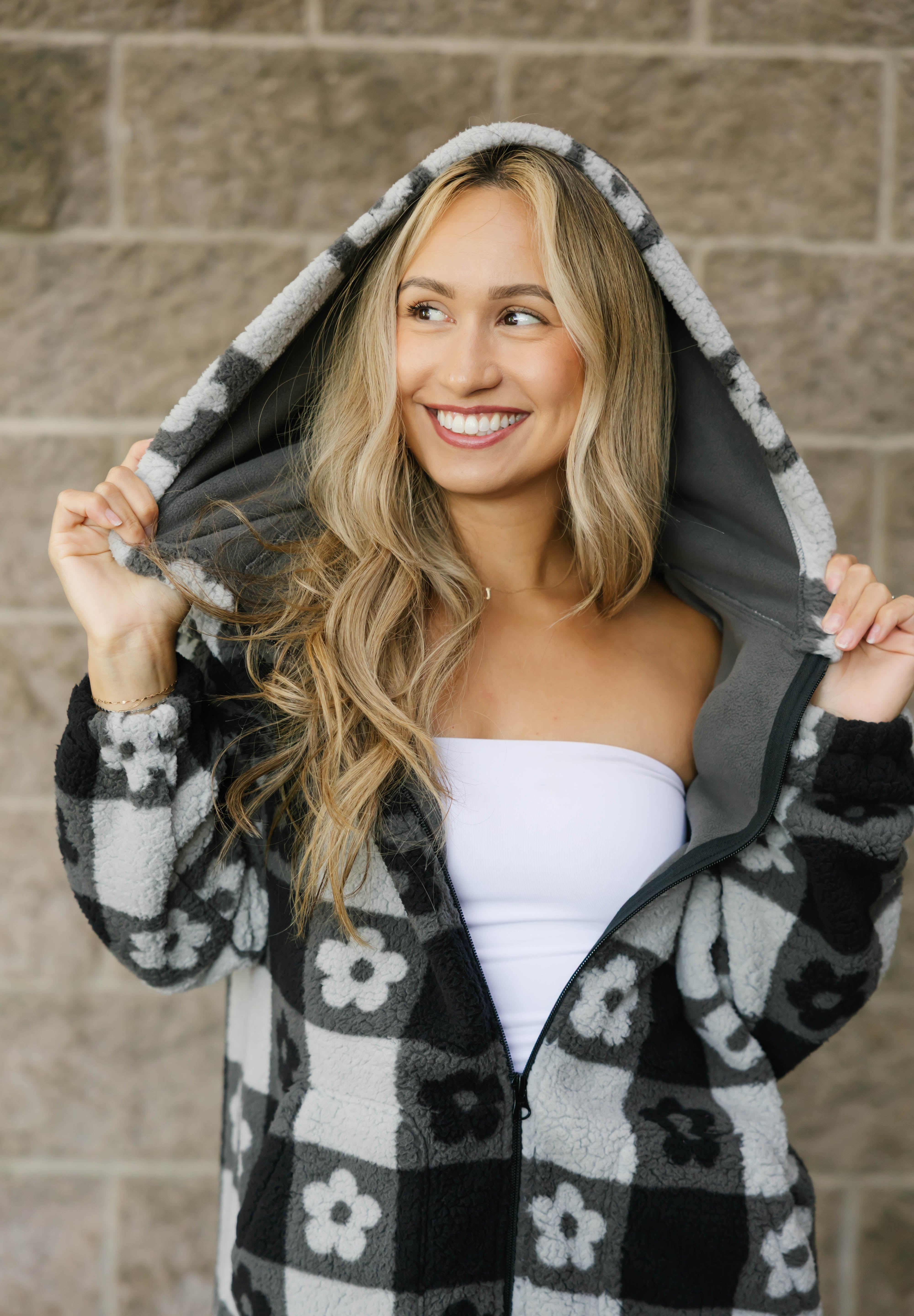 Teddy Floral Hooded Jacket in Midnight Black/Grey