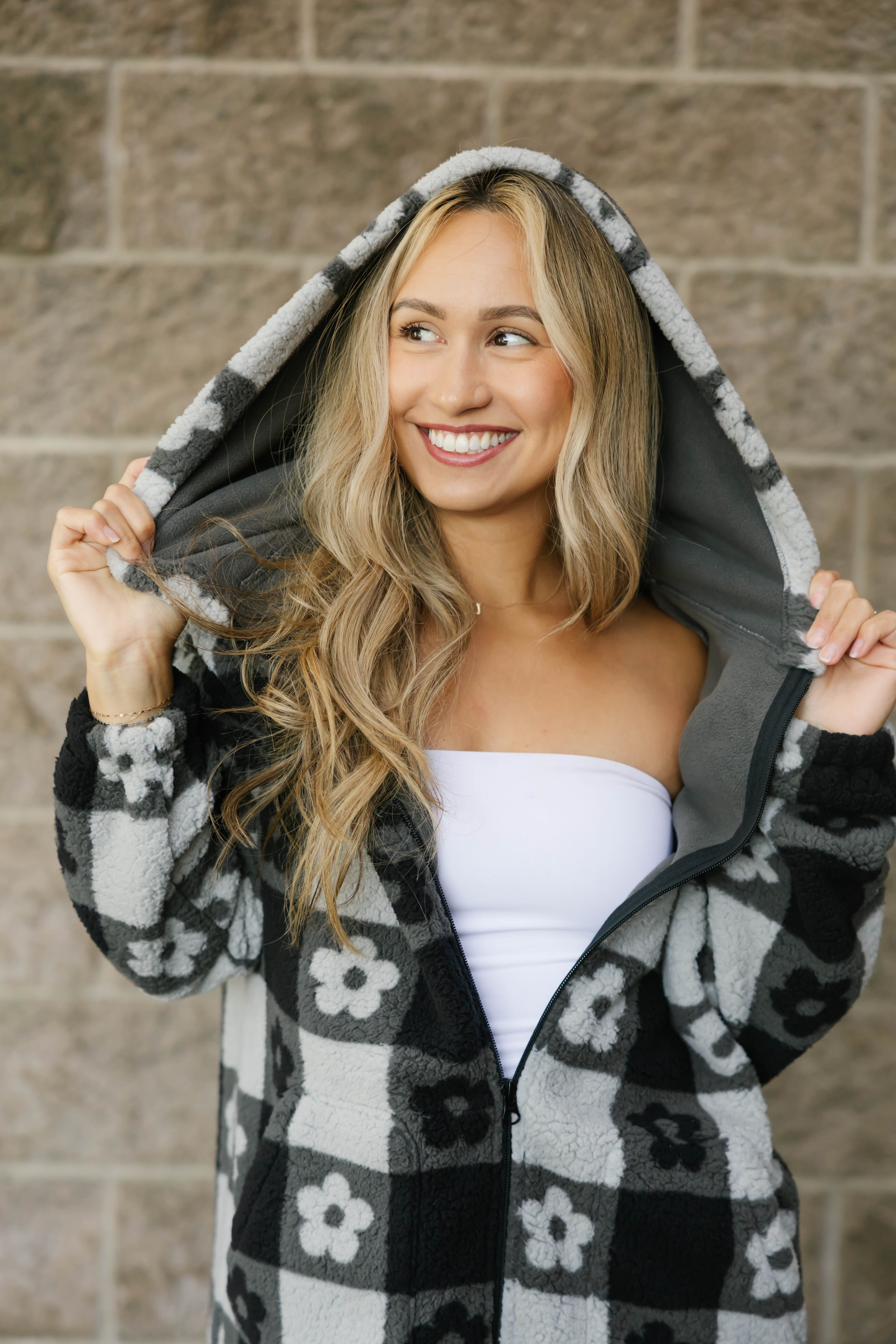 Teddy Floral Hooded Jacket in Midnight Black/Grey