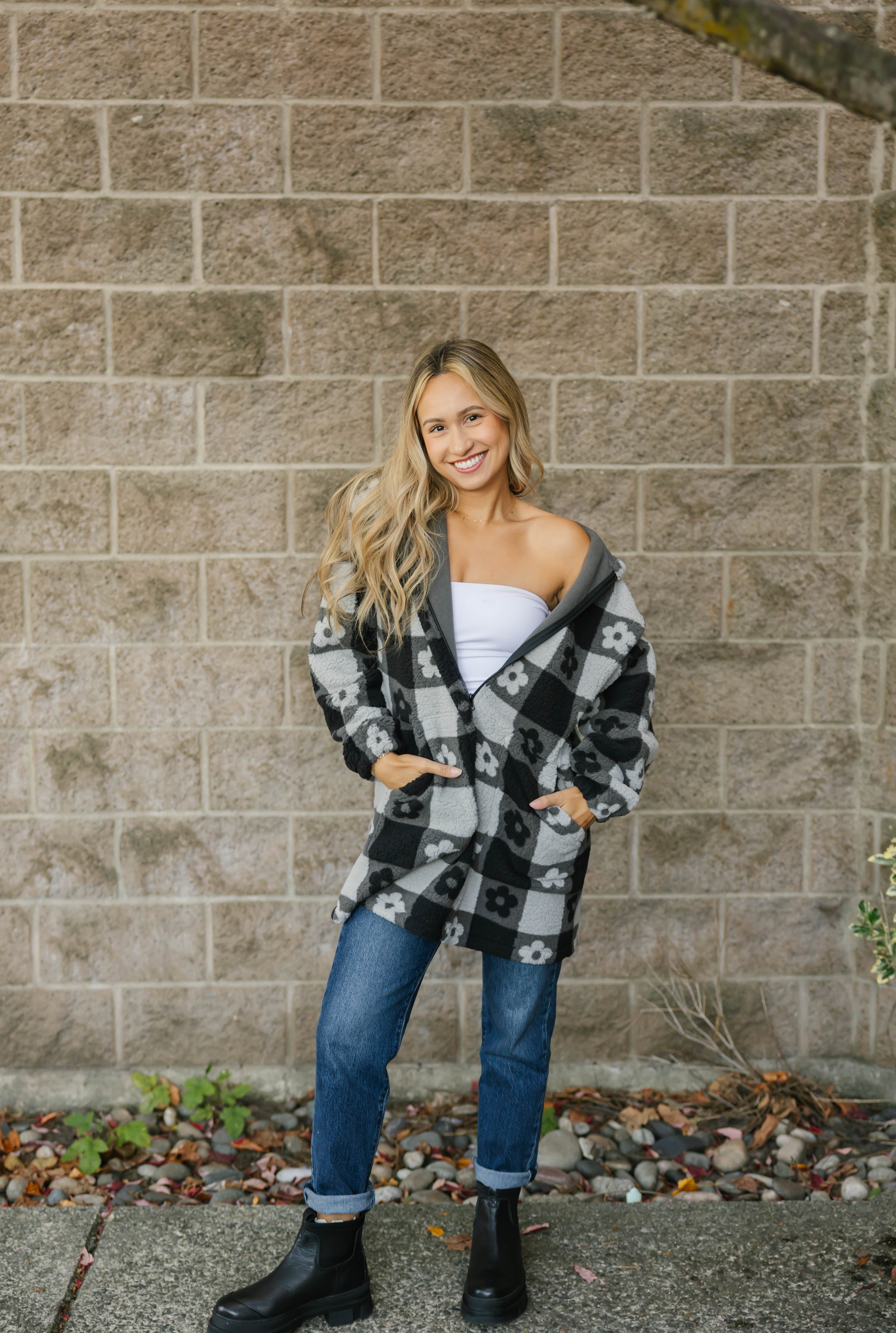 Teddy Floral Hooded Jacket in Midnight Black/Grey