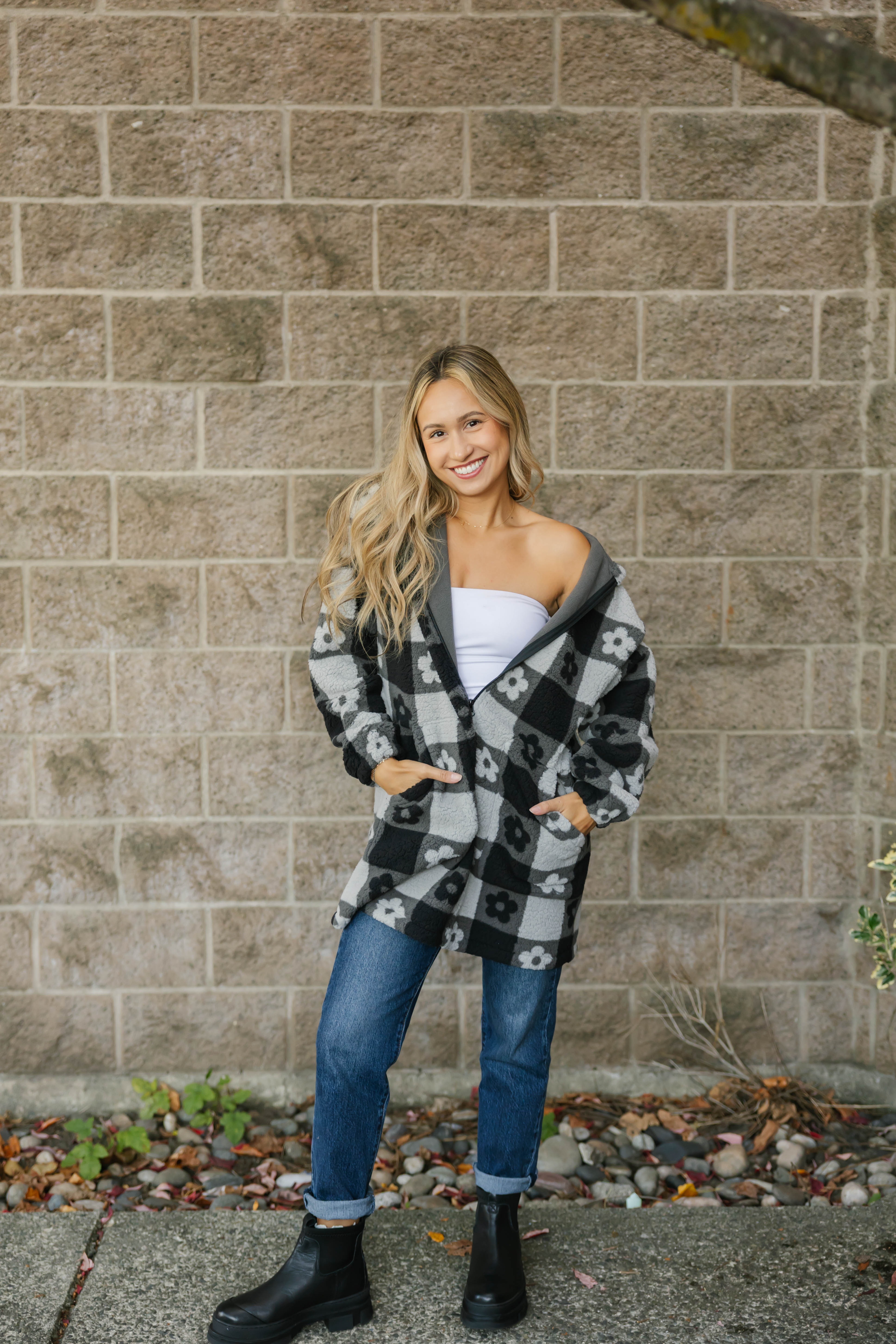 Teddy Floral Hooded Jacket in Midnight Black/Grey