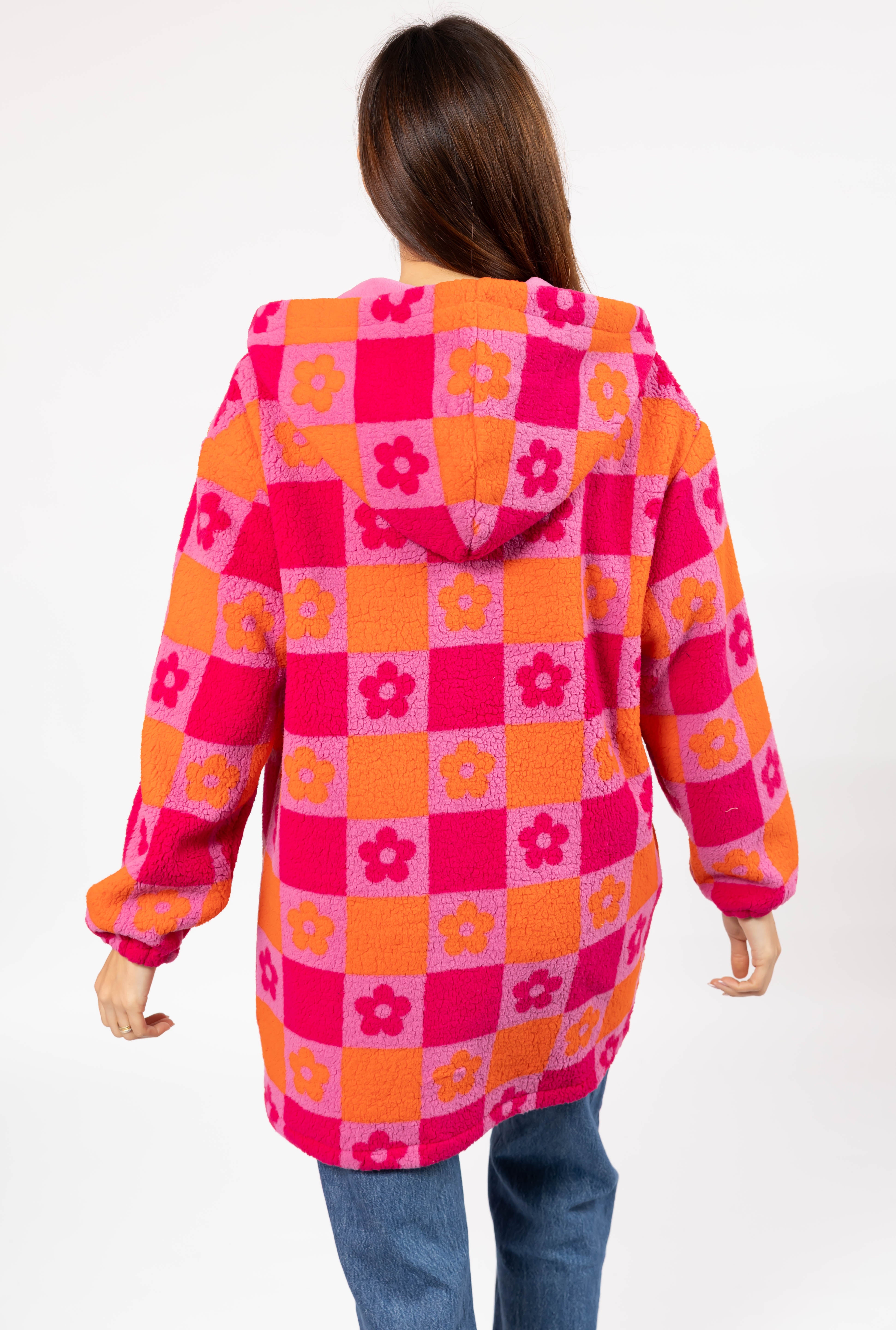 Teddy Floral Hooded Jacket in Pink/Orange