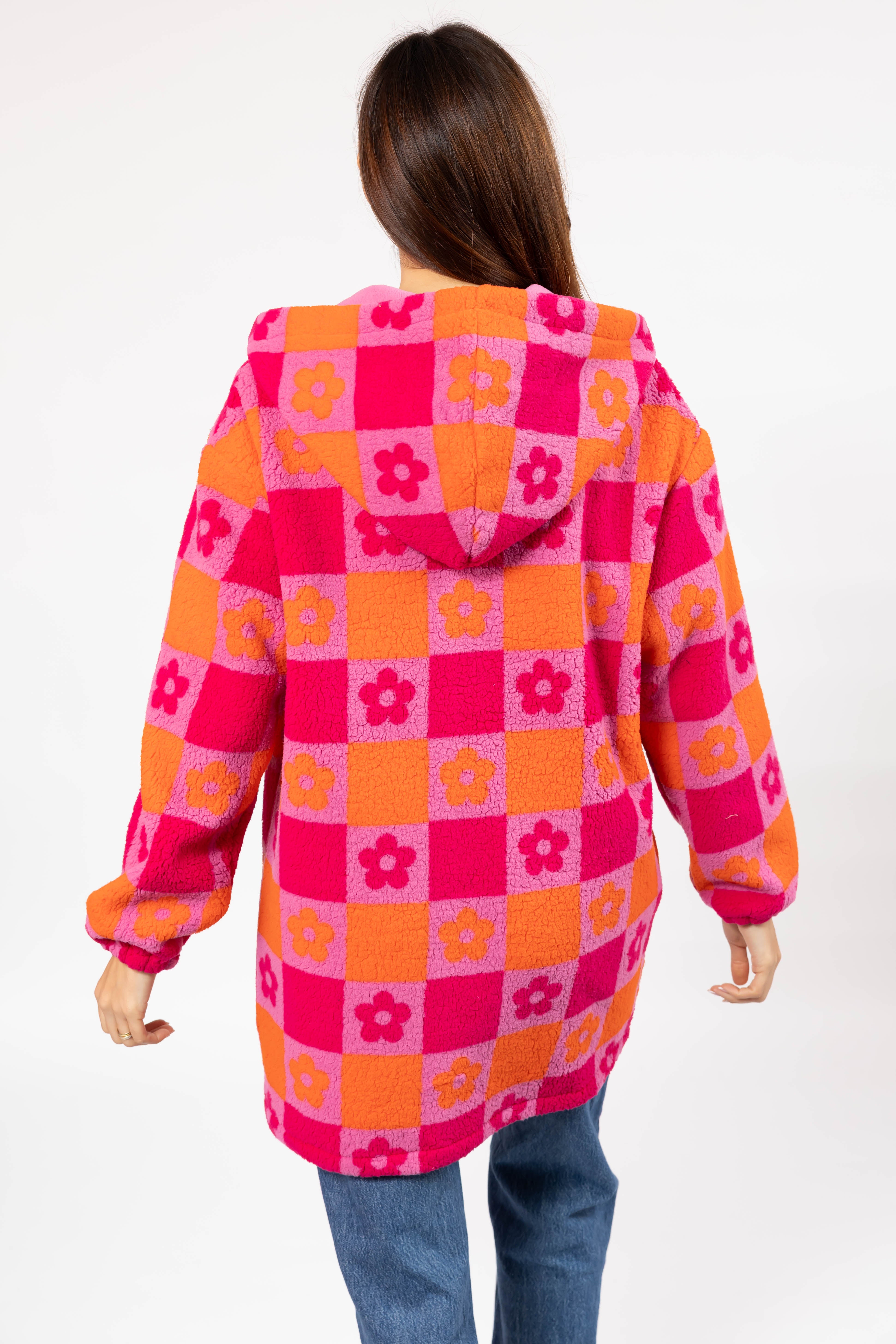 Teddy Floral Hooded Jacket in Pink/Orange