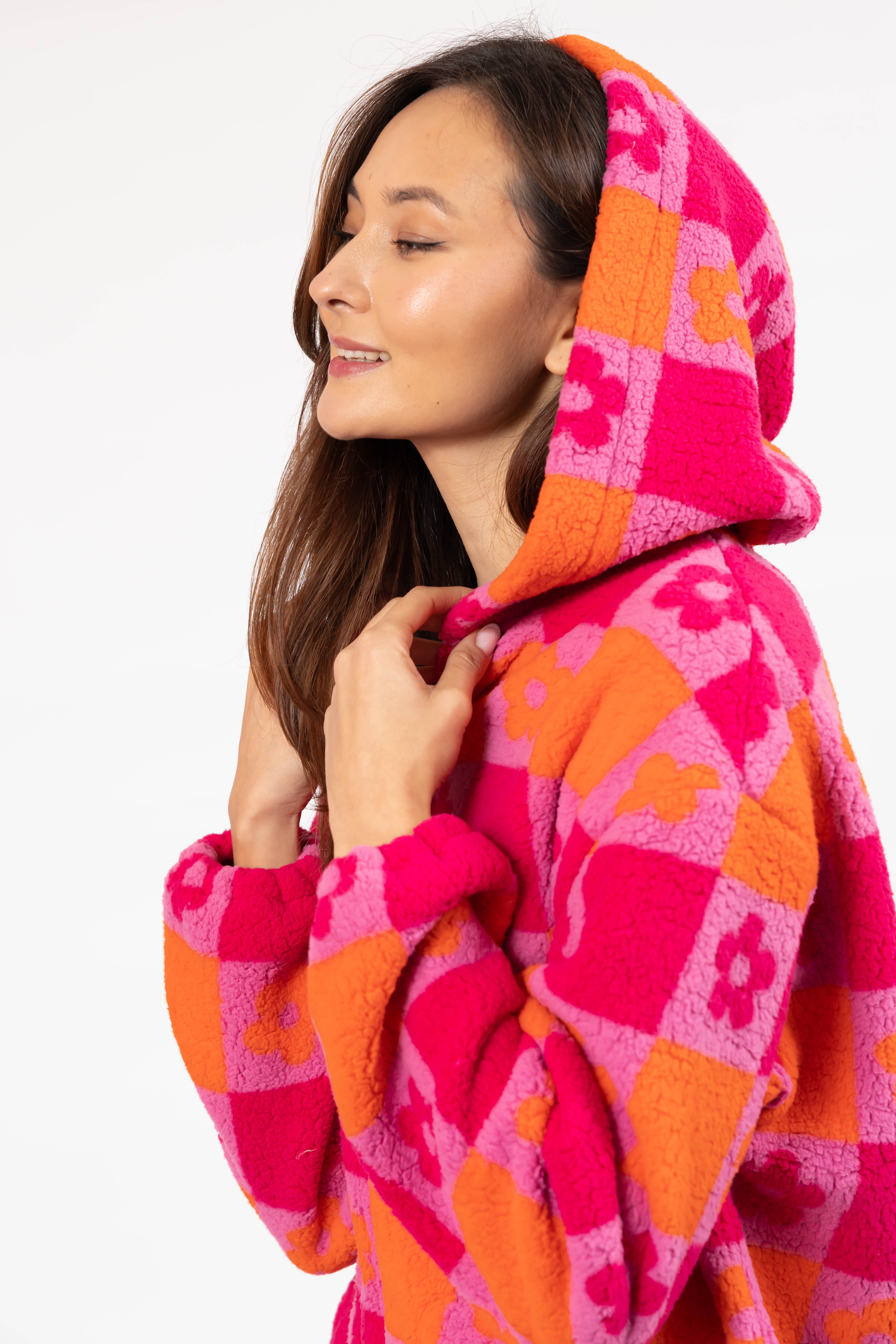 Teddy Floral Hooded Jacket in Pink/Orange