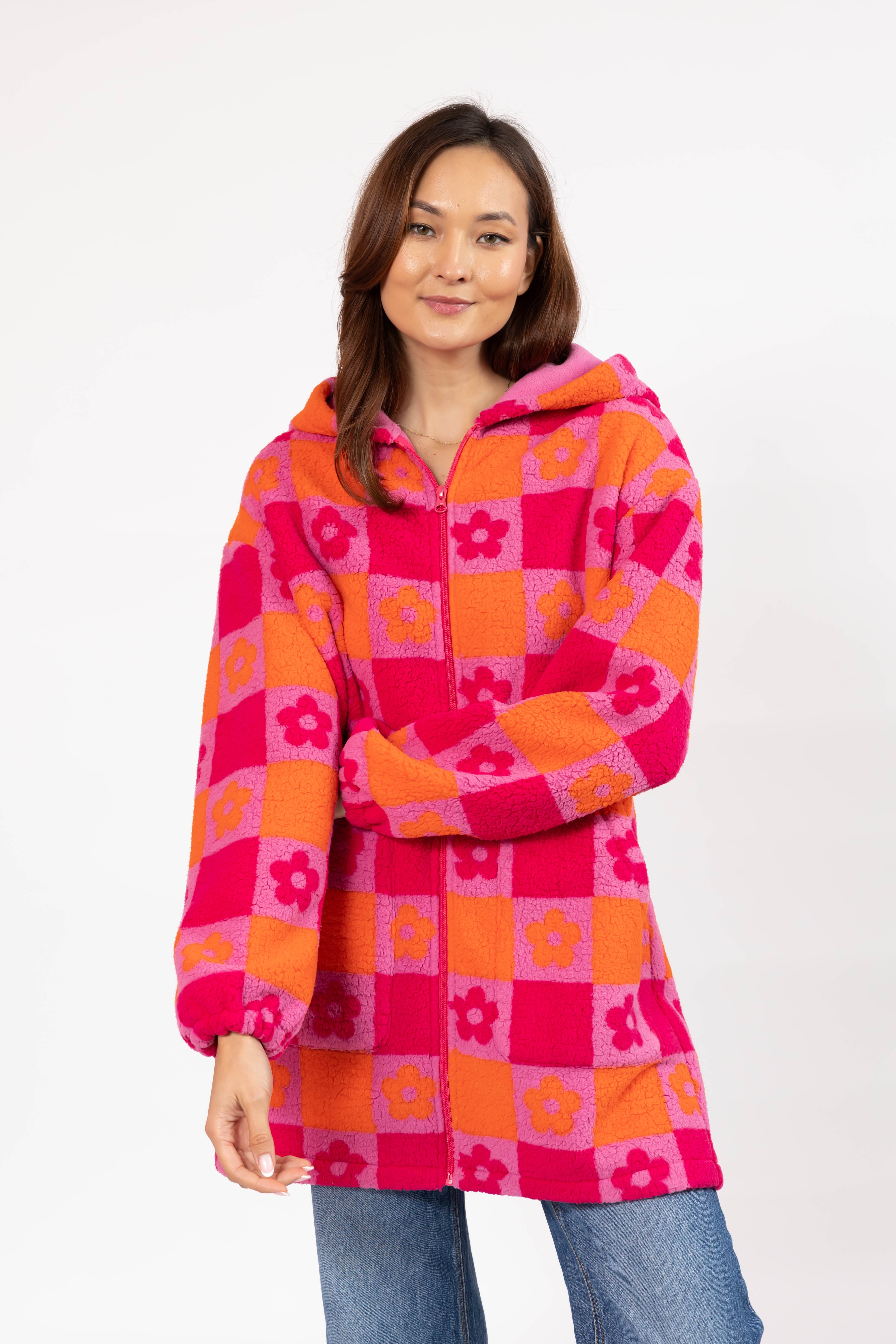 Teddy Floral Hooded Jacket in Pink/Orange