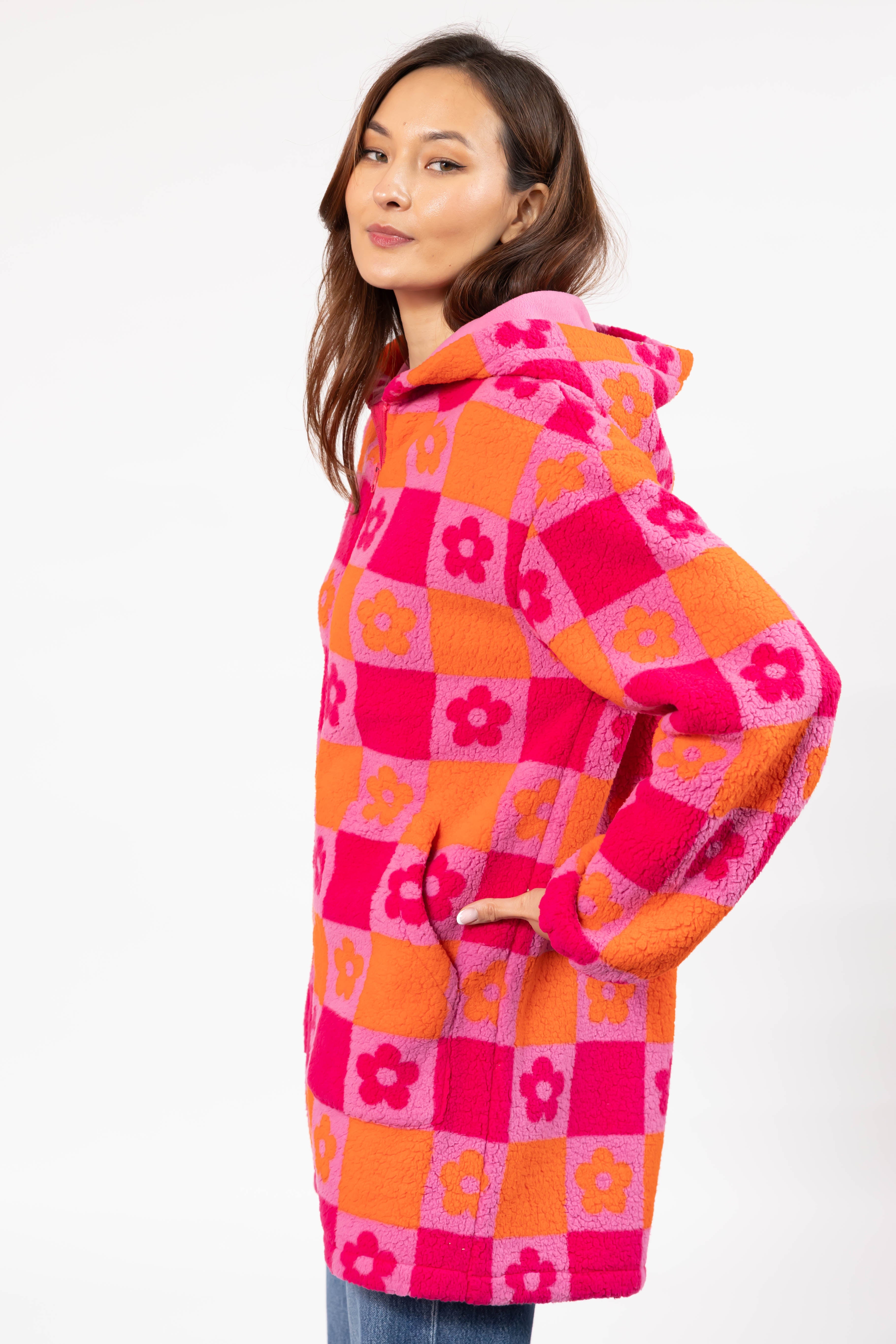 Teddy Floral Hooded Jacket in Pink/Orange