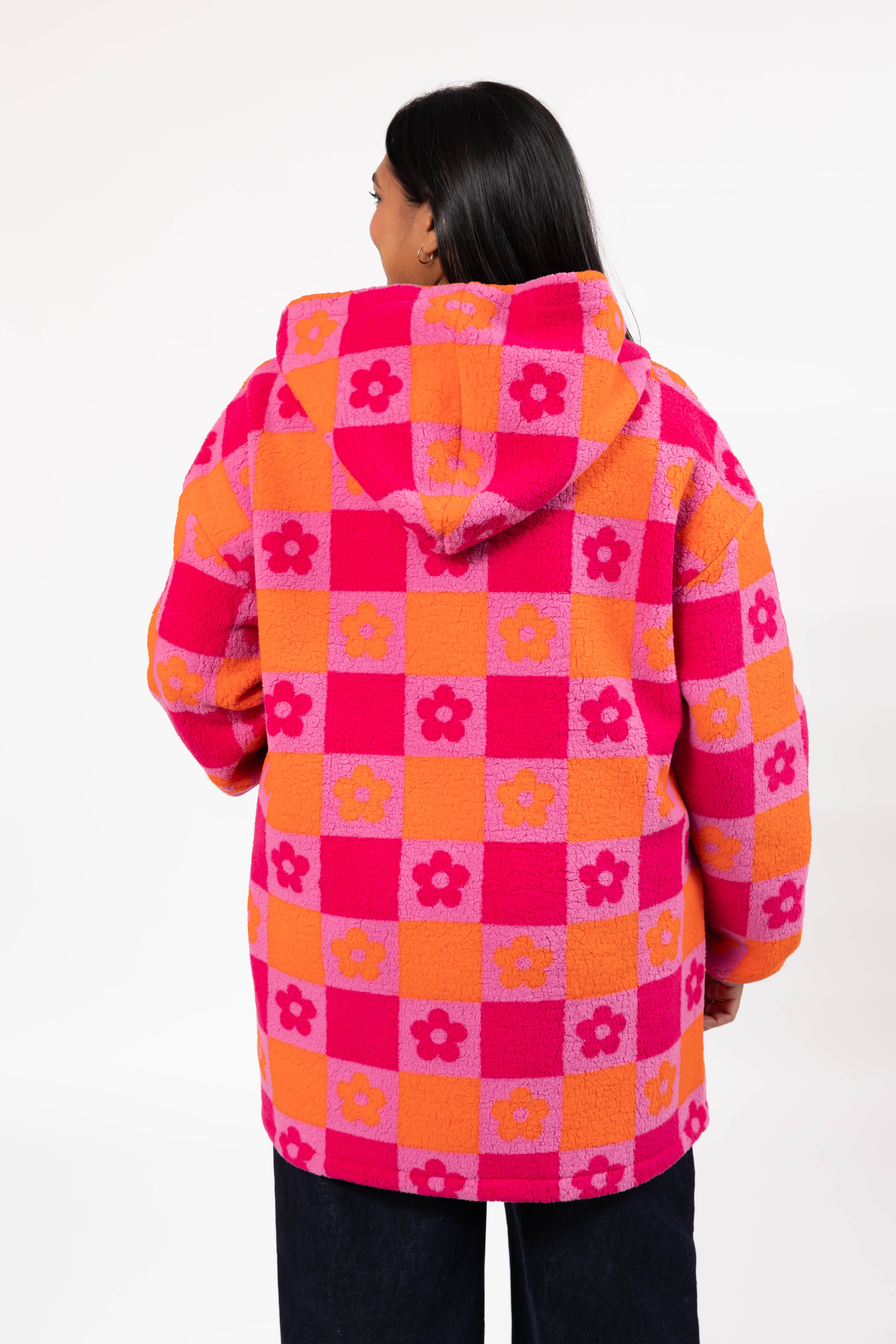 Teddy Floral Hooded Jacket in Pink/Orange