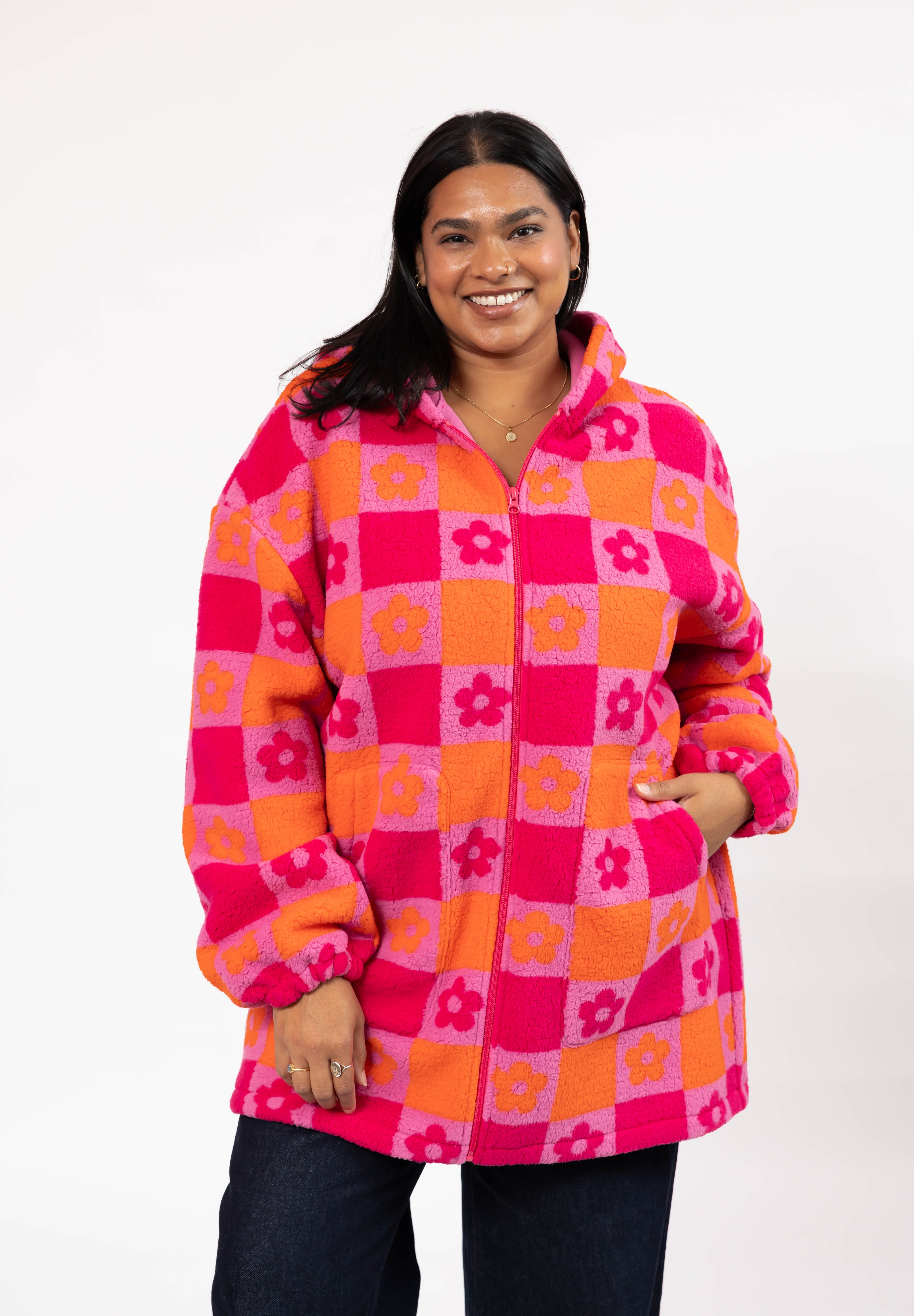 Teddy Floral Hooded Jacket in Pink/Orange