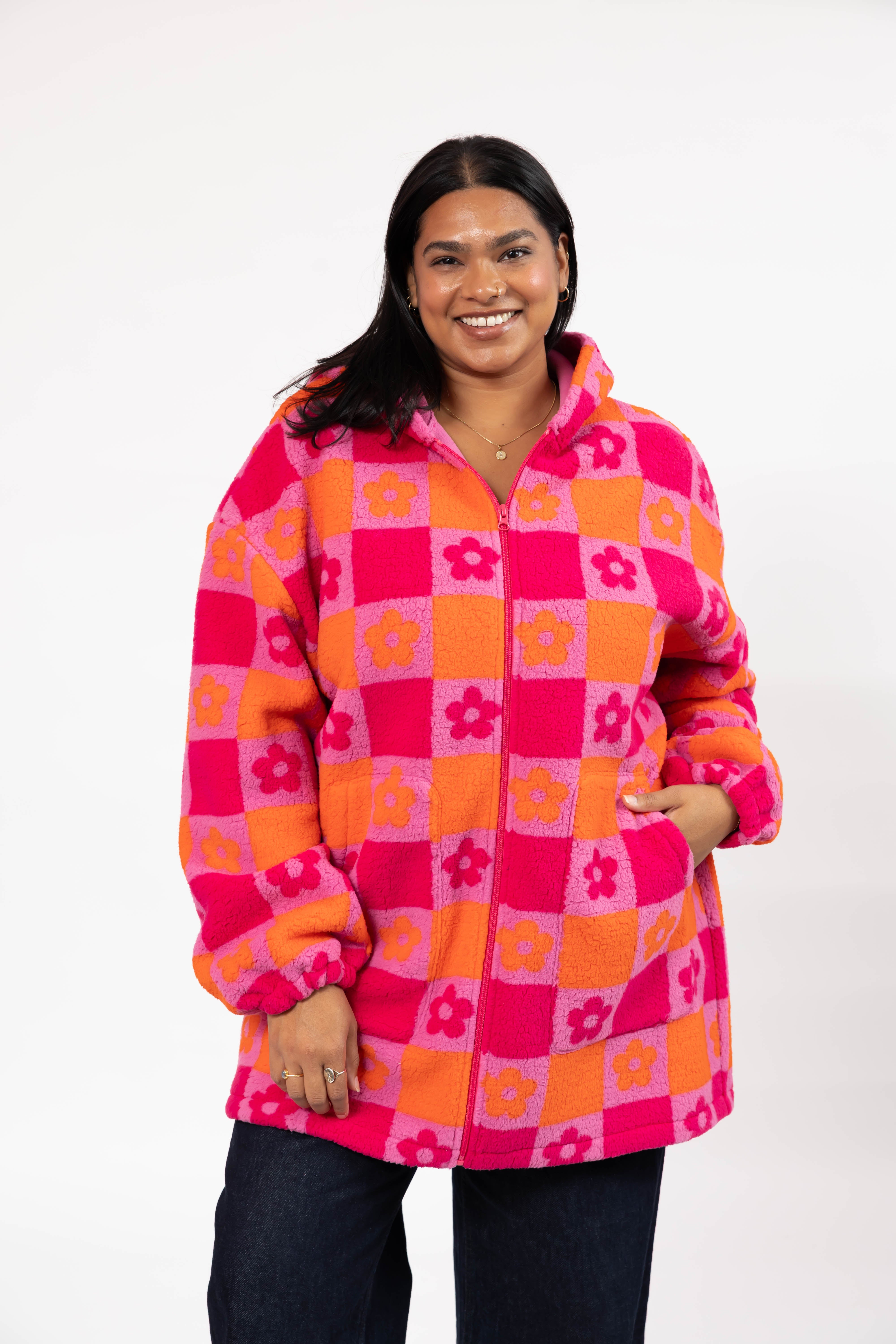 Teddy Floral Hooded Jacket in Pink/Orange