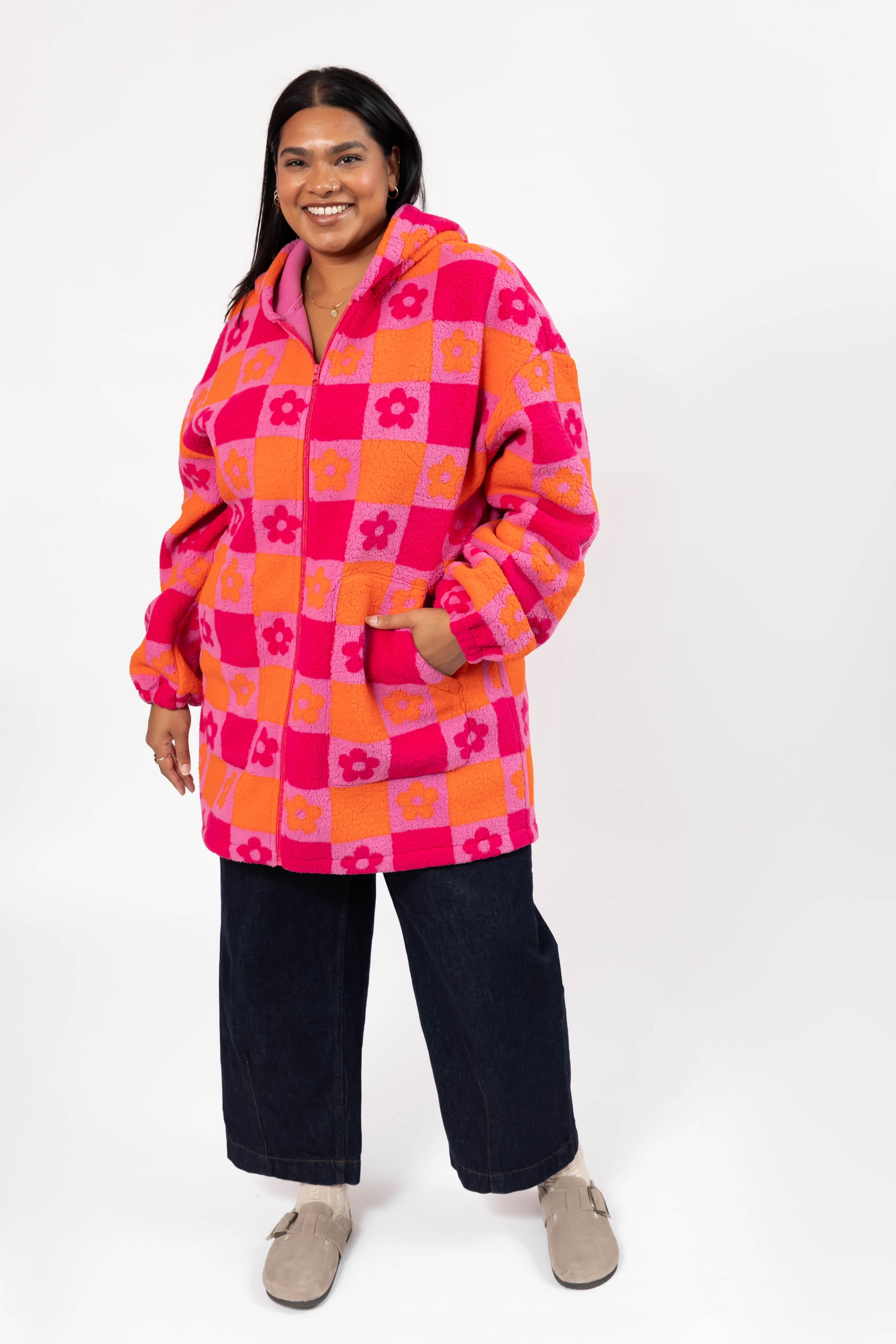 Teddy Floral Hooded Jacket in Pink/Orange