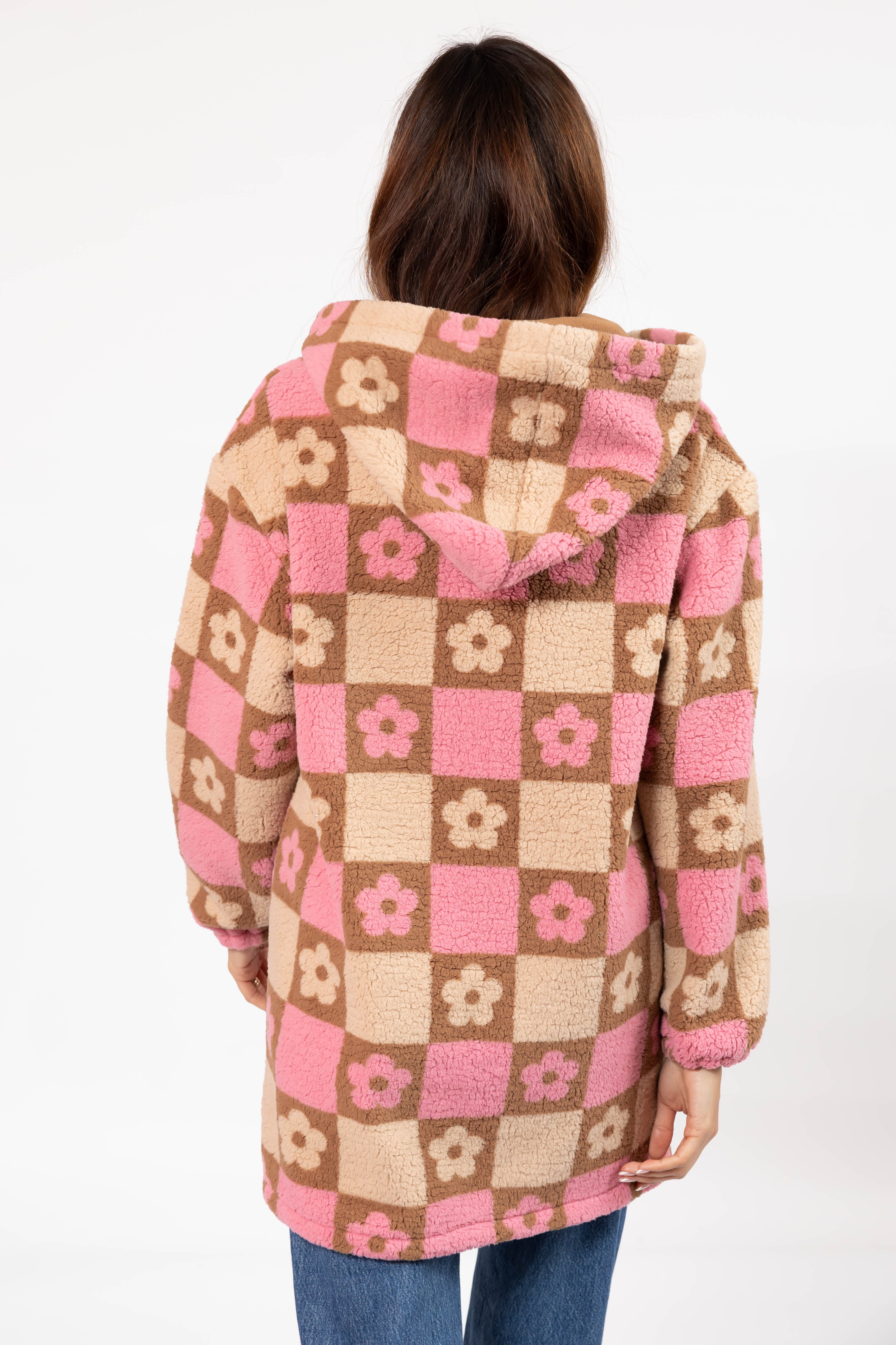 Teddy Floral Hooded Jacket in Light Pink/Oatmeal