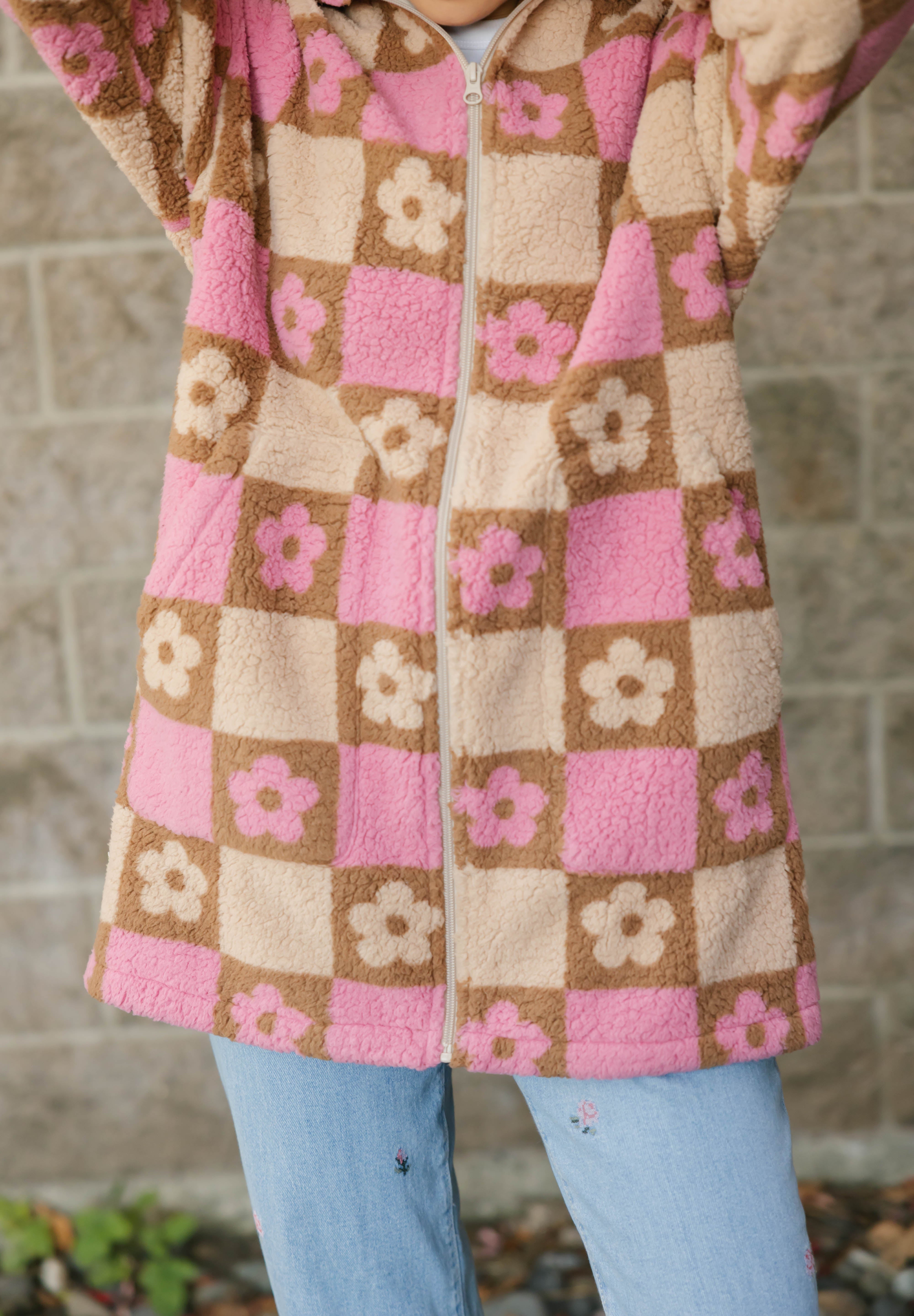 Teddy Floral Hooded Jacket in Light Pink/Oatmeal