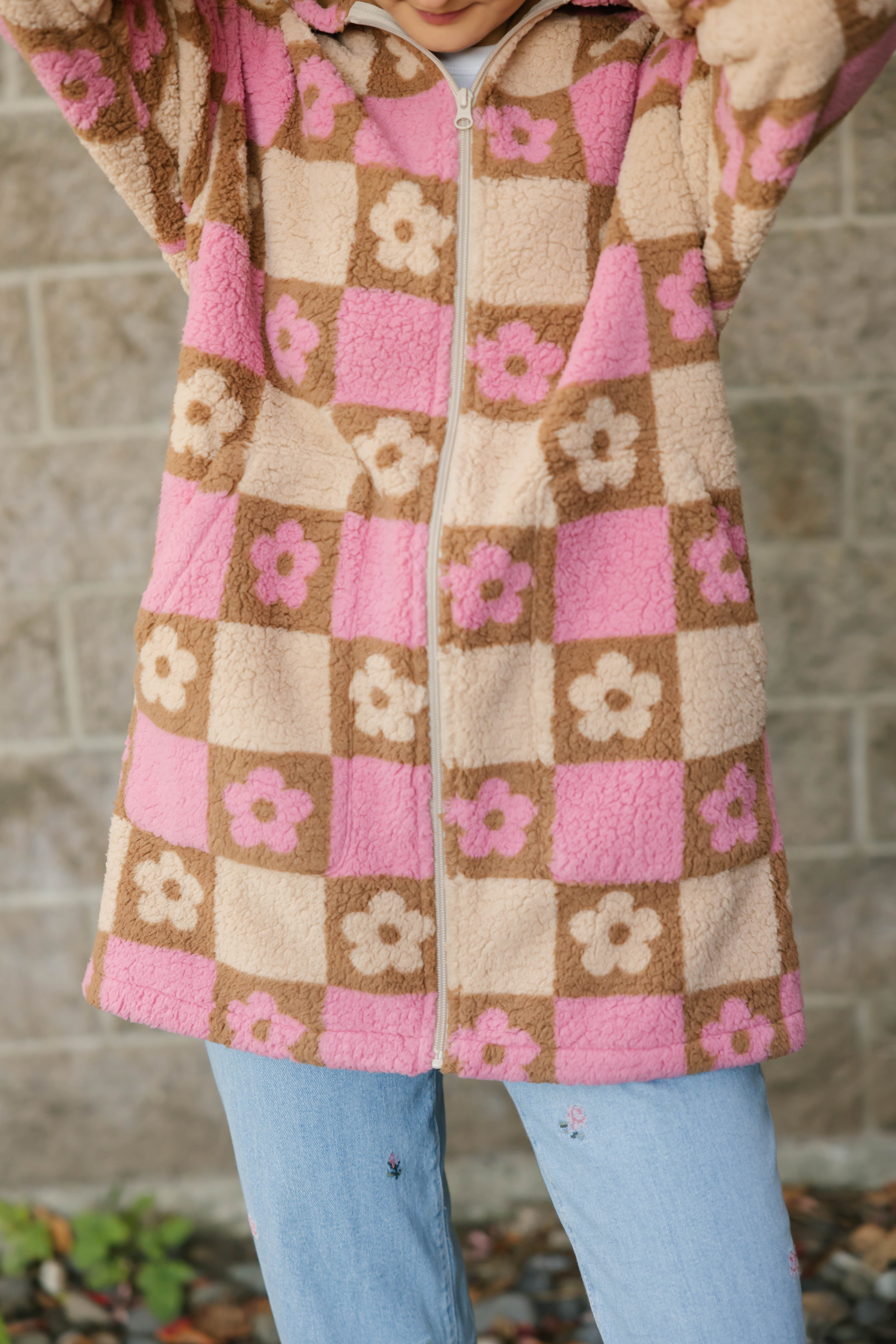 Teddy Floral Hooded Jacket in Light Pink/Oatmeal