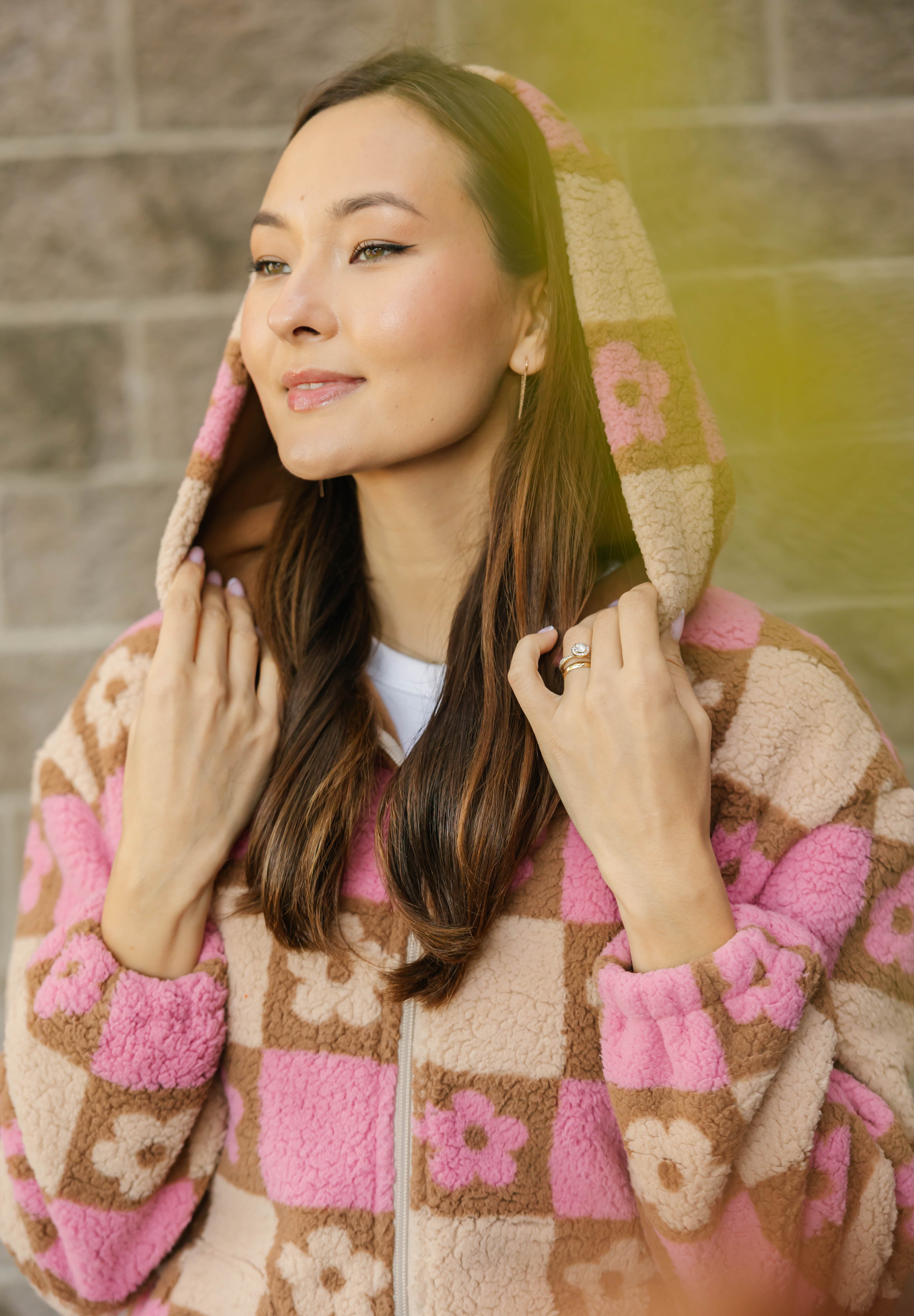 Teddy Floral Hooded Jacket in Light Pink/Oatmeal