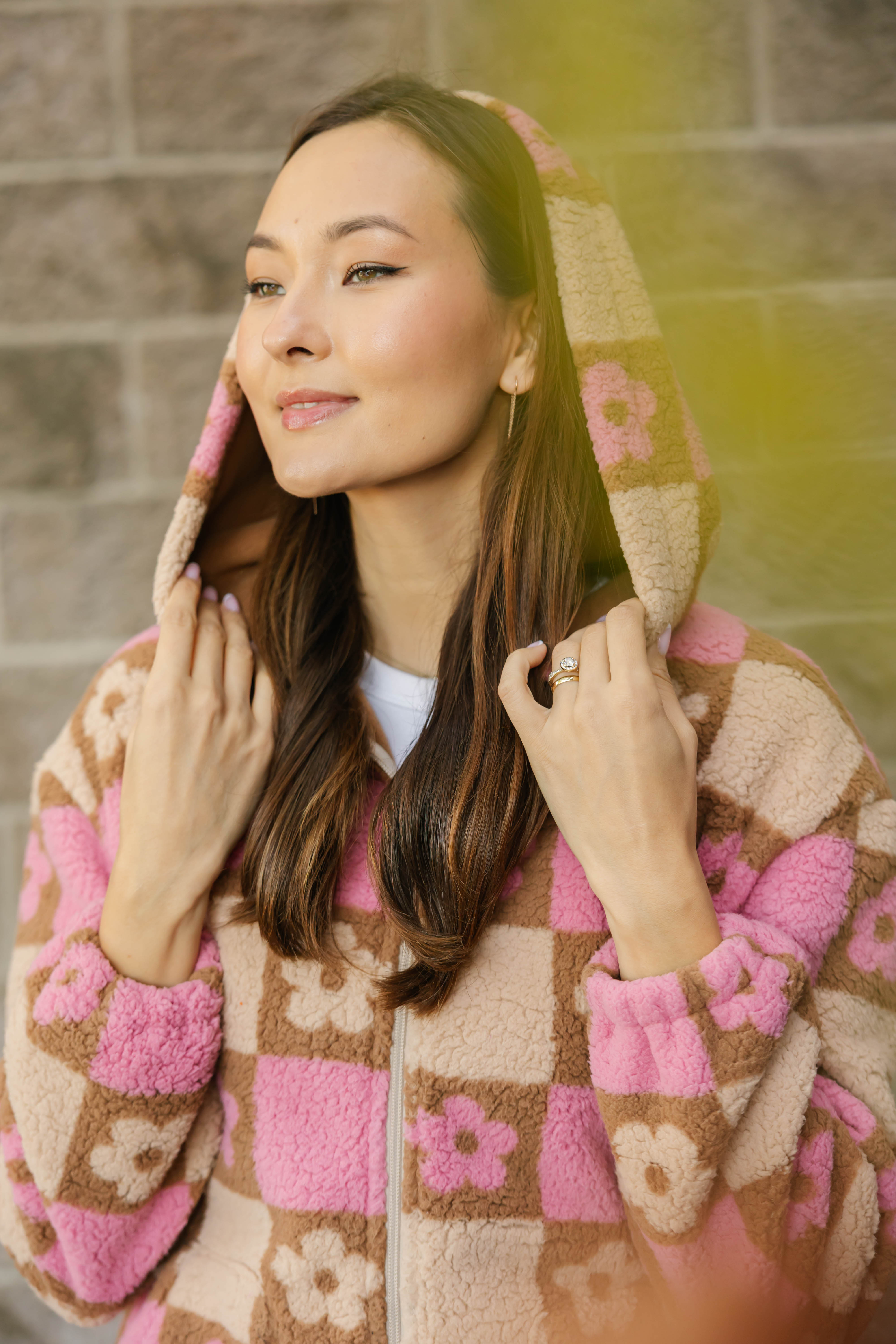 Teddy Floral Hooded Jacket in Light Pink/Oatmeal