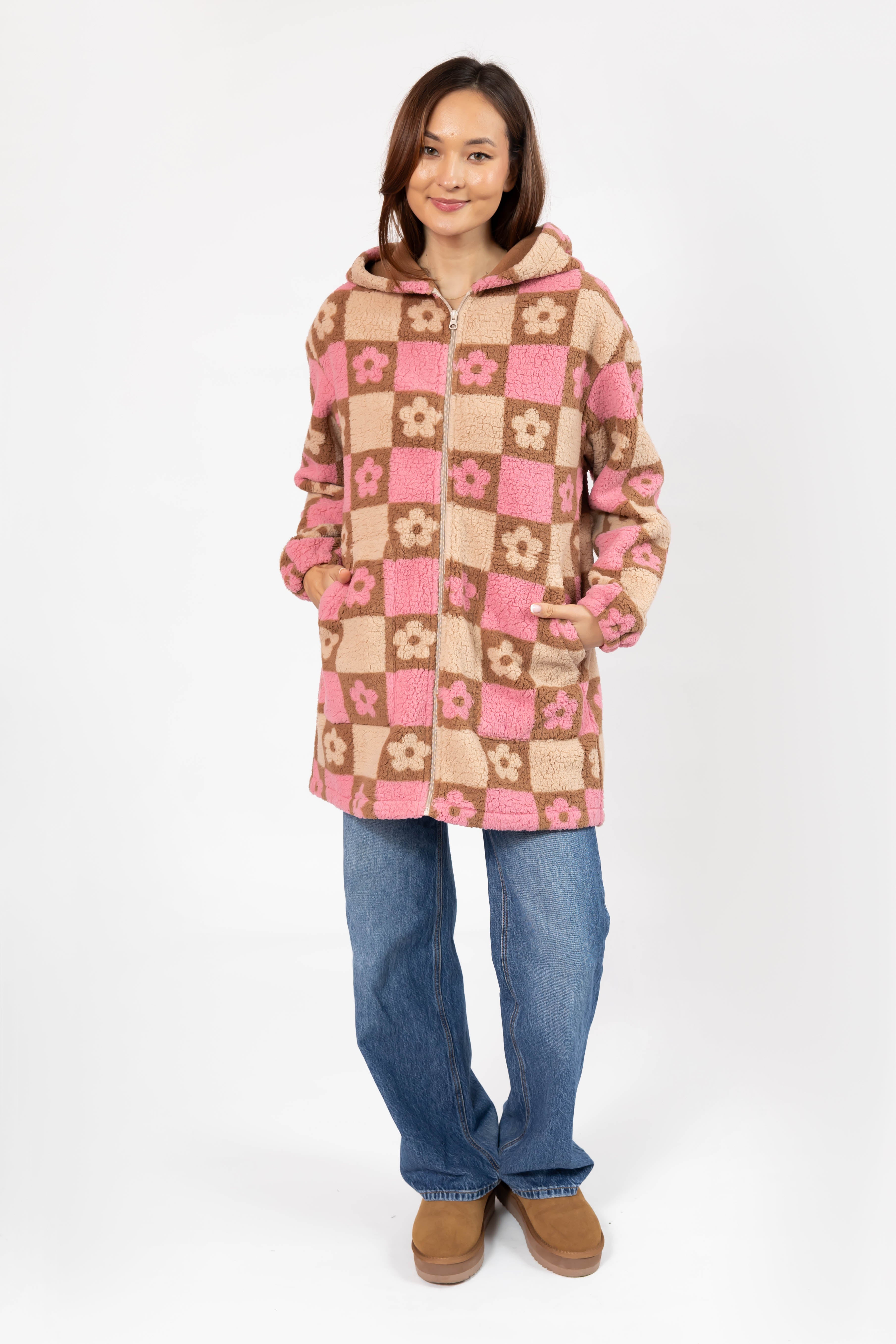 Teddy Floral Hooded Jacket in Light Pink/Oatmeal