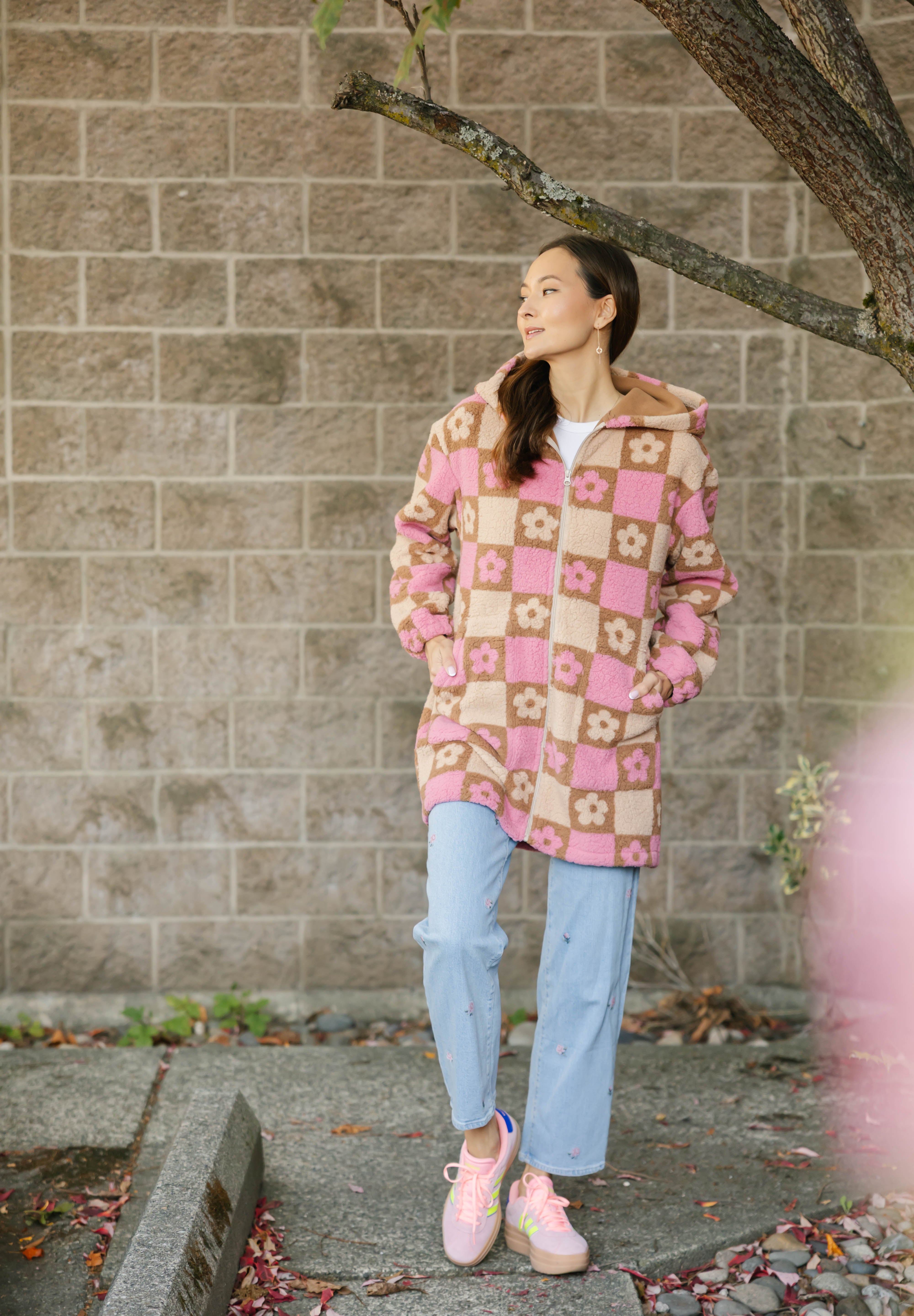 Teddy Floral Hooded Jacket in Light Pink/Oatmeal