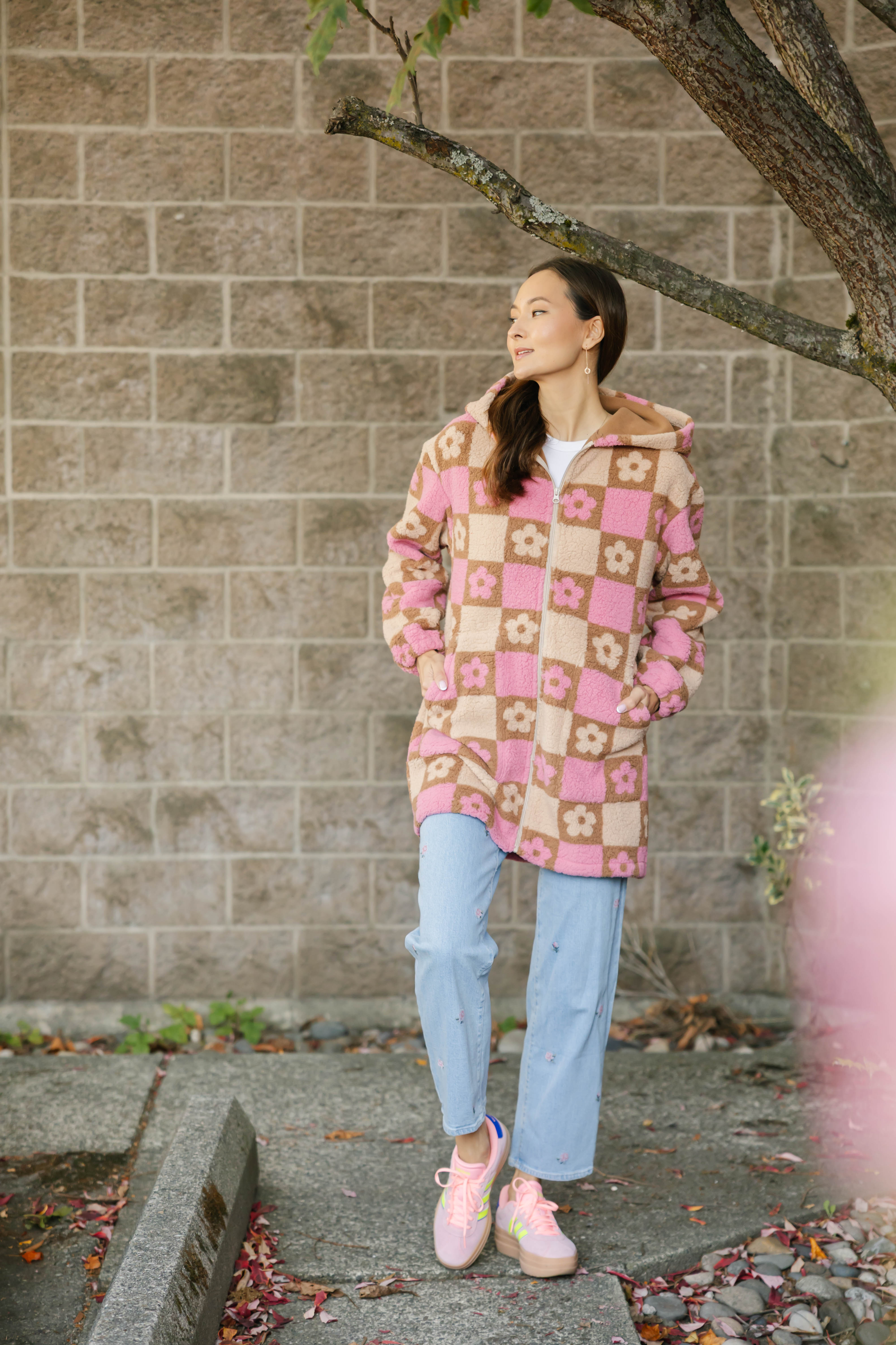 Teddy Floral Hooded Jacket in Light Pink/Oatmeal