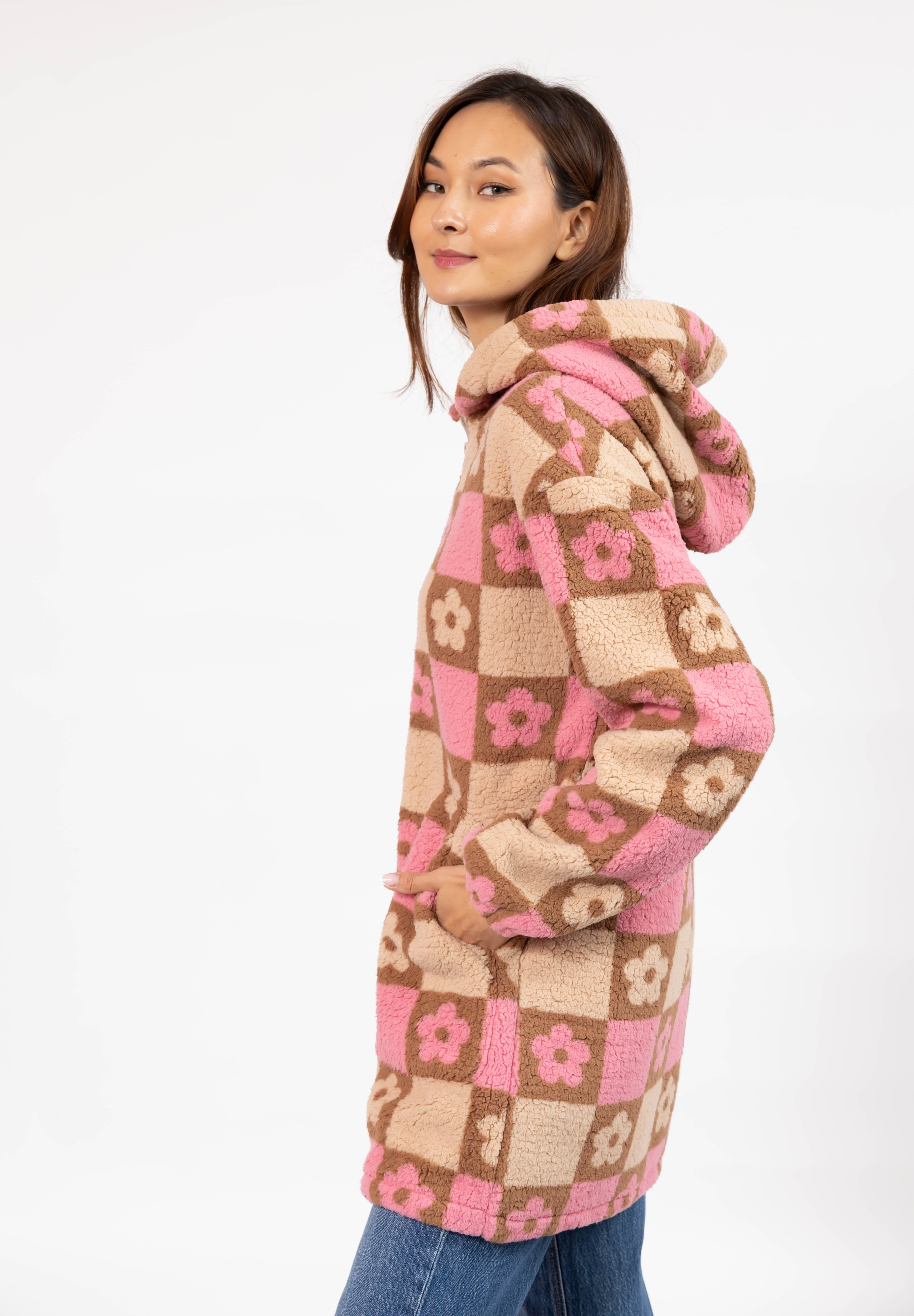 Teddy Floral Hooded Jacket in Light Pink/Oatmeal