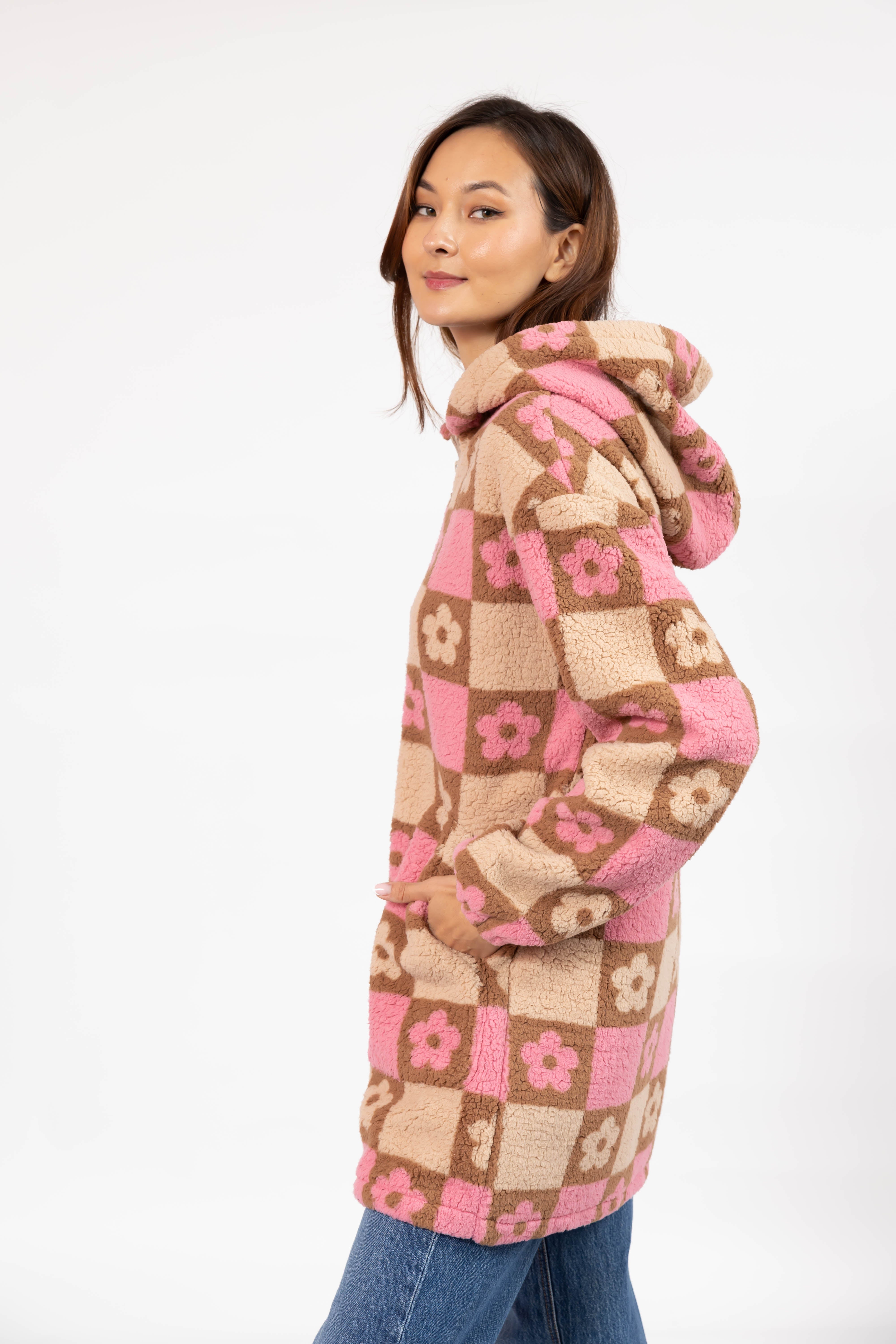 Teddy Floral Hooded Jacket in Light Pink/Oatmeal