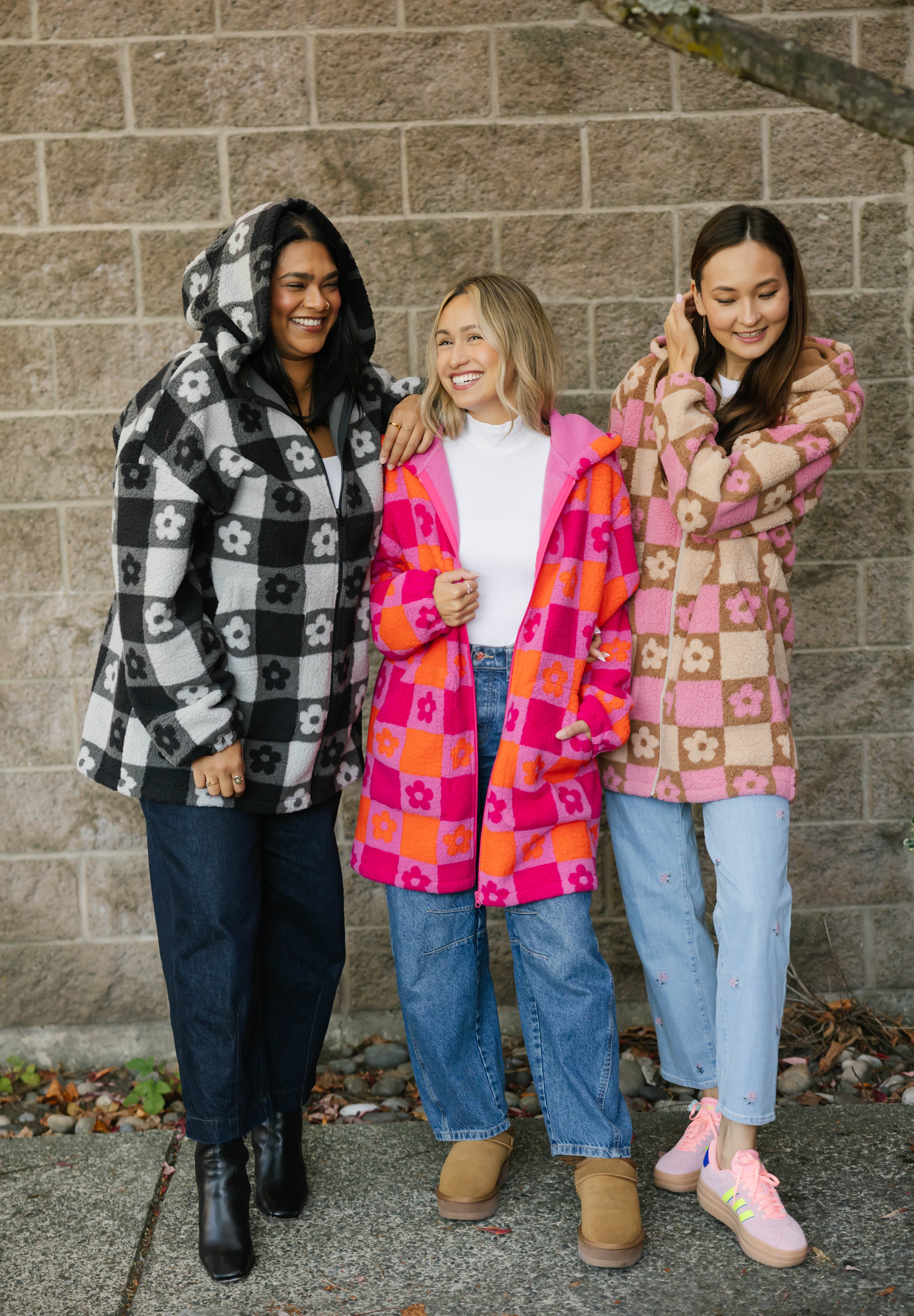 Teddy Floral Hooded Jacket in Light Pink/Oatmeal