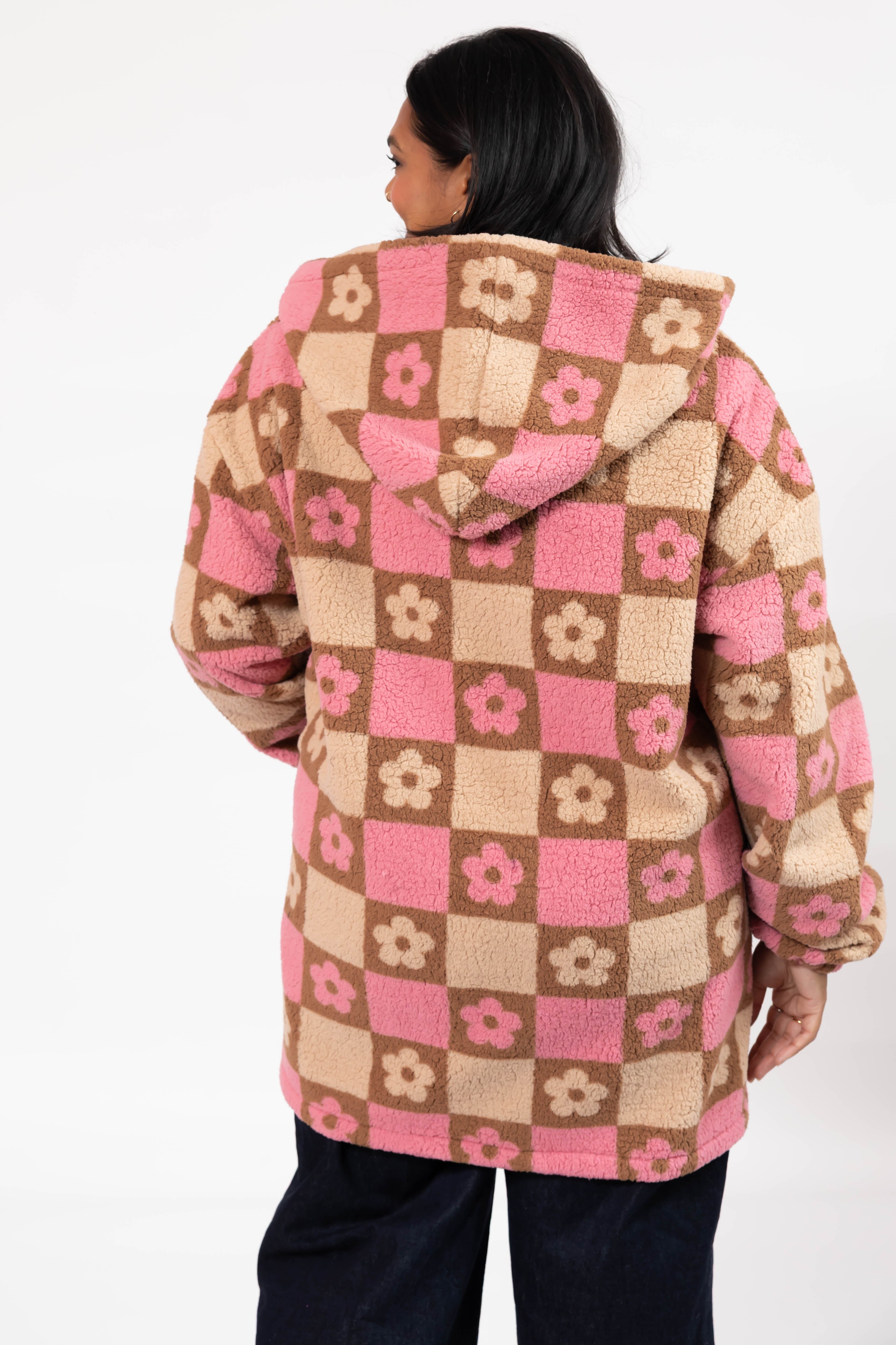 Teddy Floral Hooded Jacket in Light Pink/Oatmeal