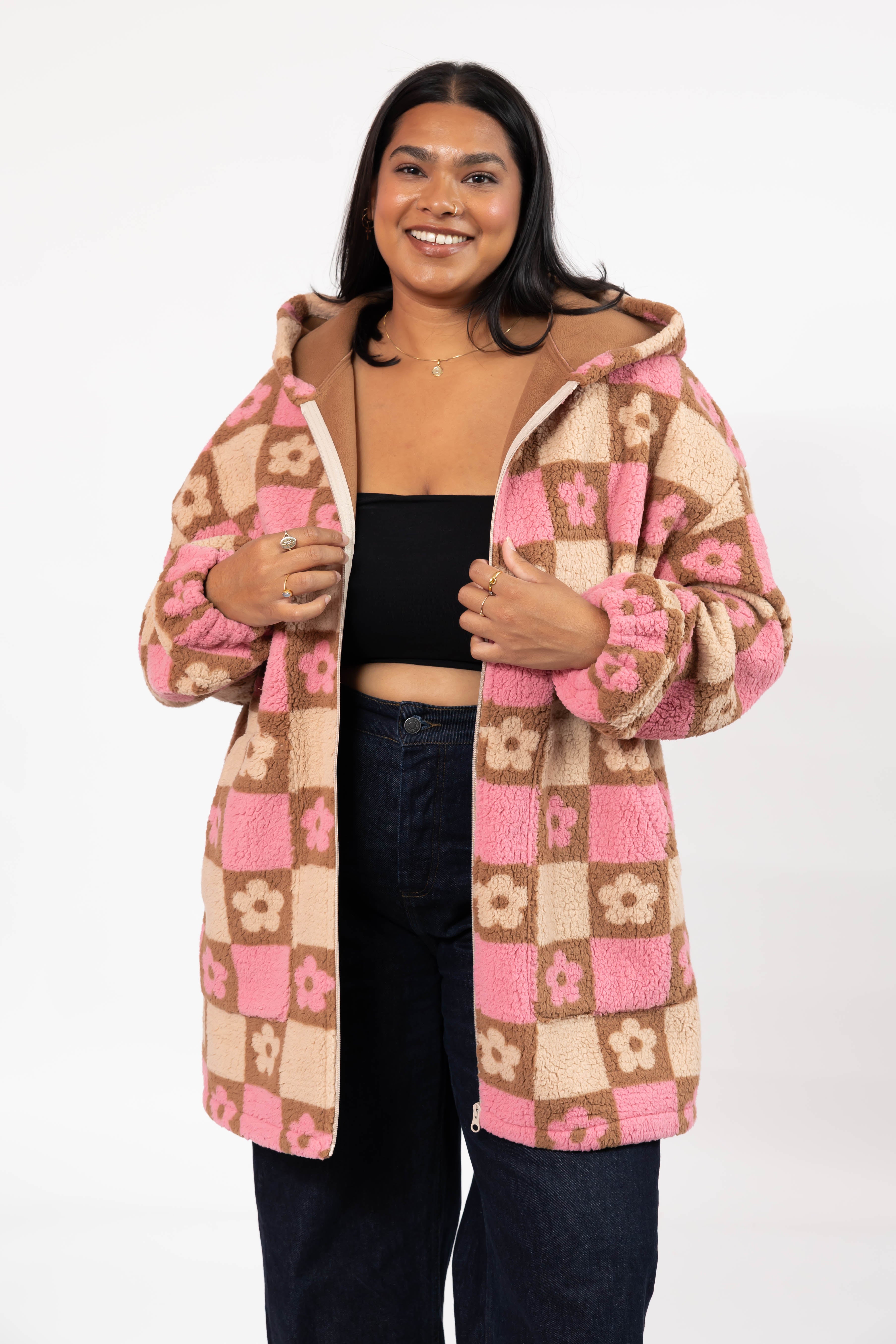 Teddy Floral Hooded Jacket in Light Pink/Oatmeal