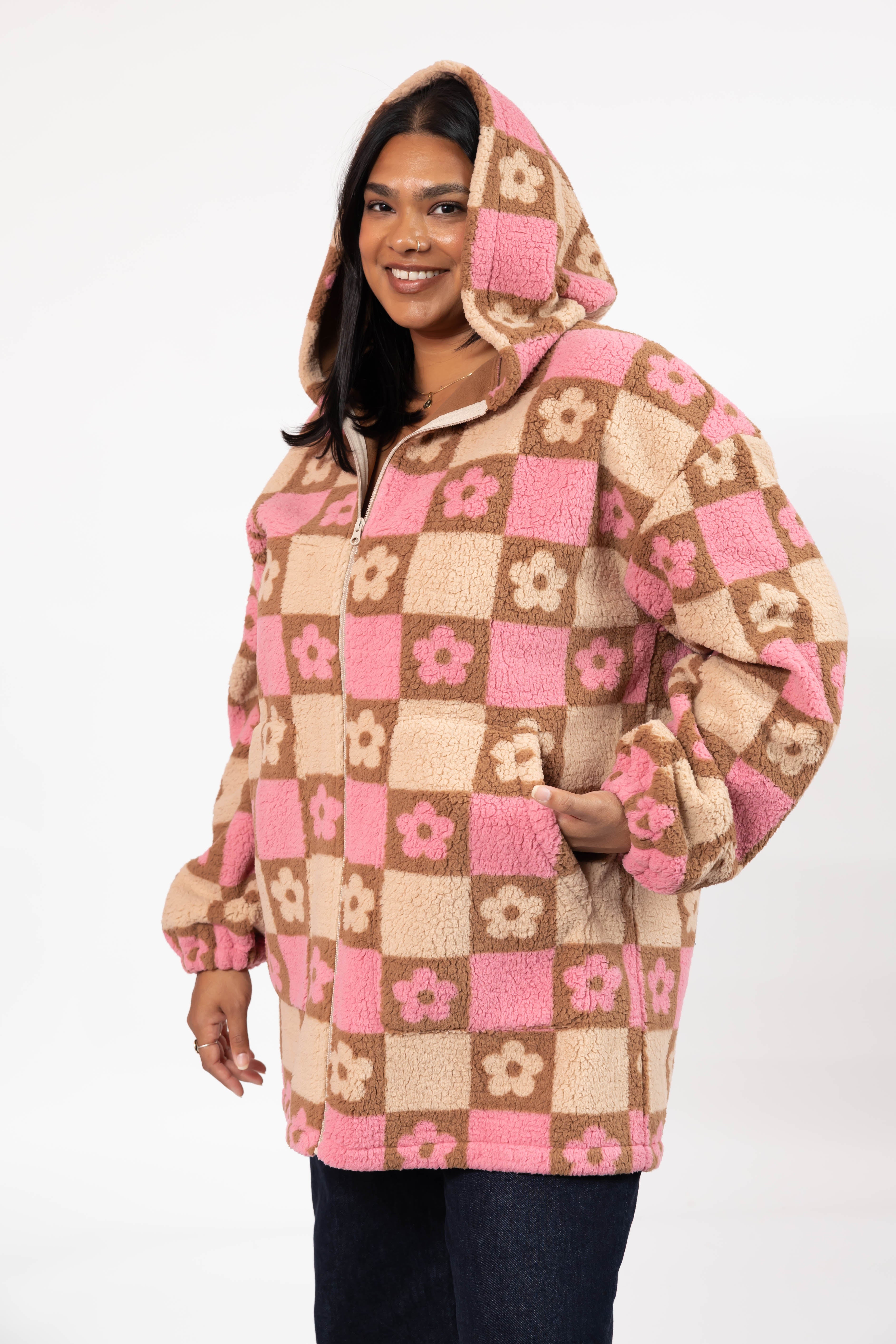 Teddy Floral Hooded Jacket in Light Pink/Oatmeal