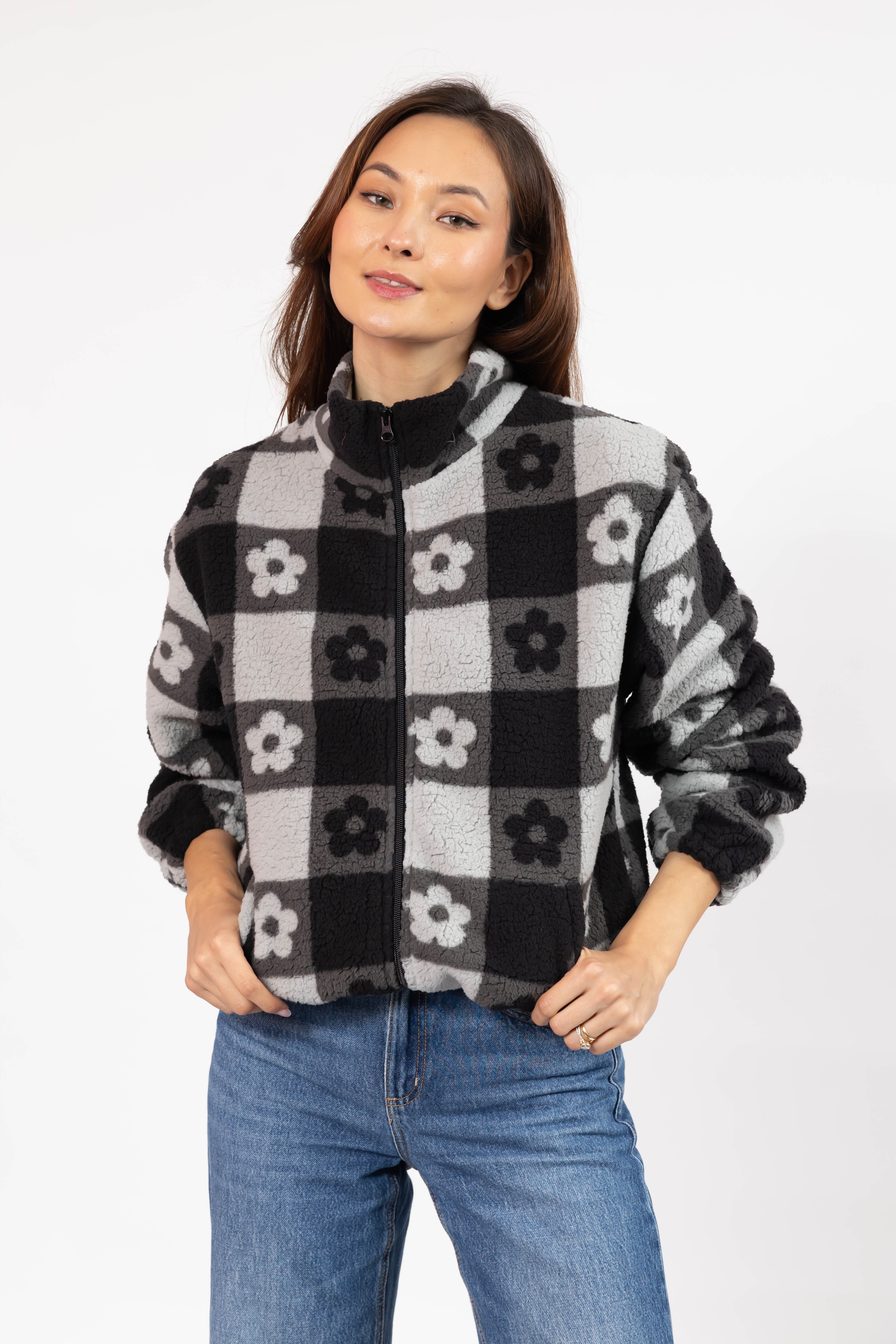 Teddy Floral Jacket in Midnight Black/Grey