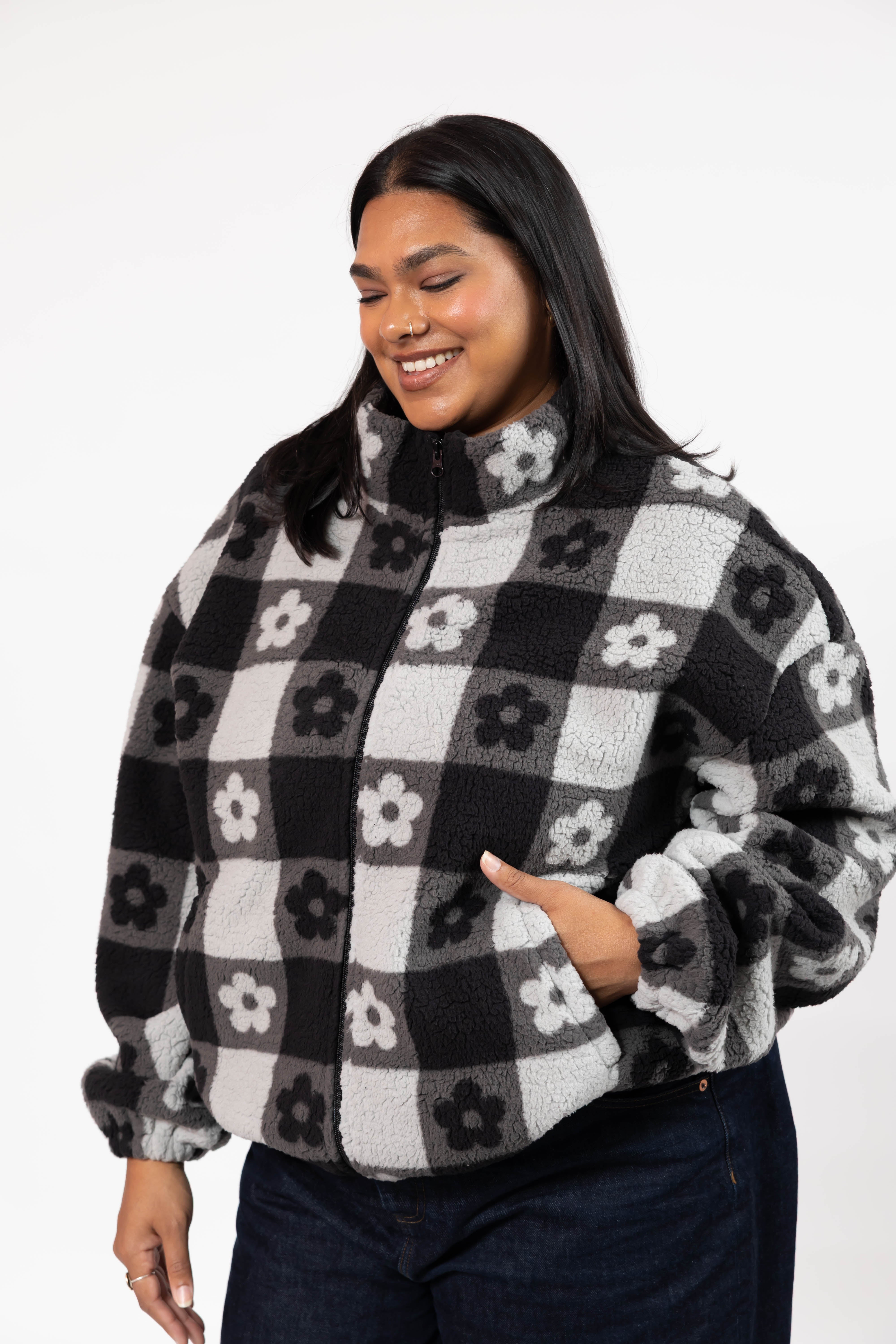 Teddy Floral Jacket in Midnight Black/Grey