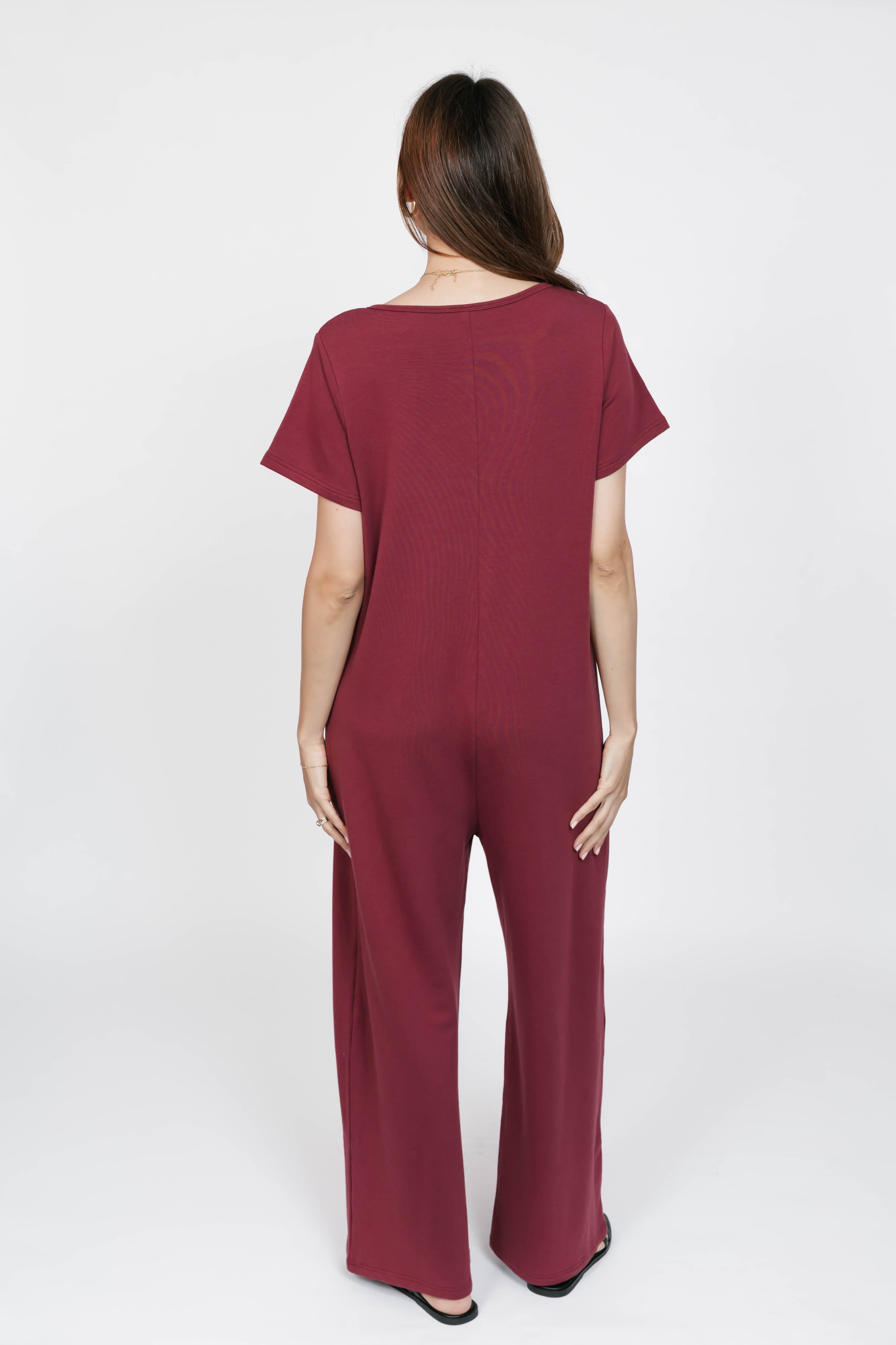 Terry Wide Leg Romper in Dark Cranberry