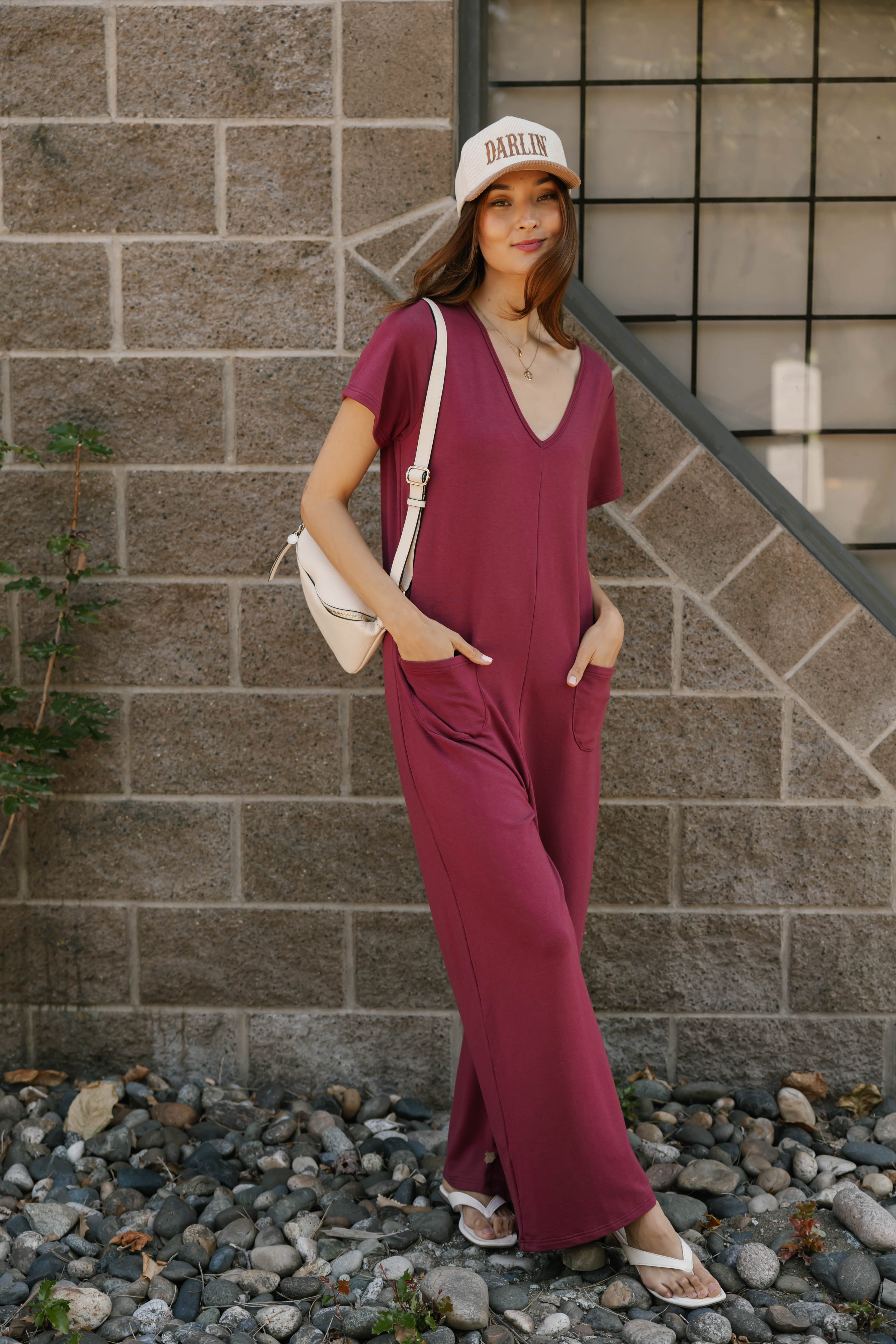 Terry Wide Leg Romper in Dark Cranberry