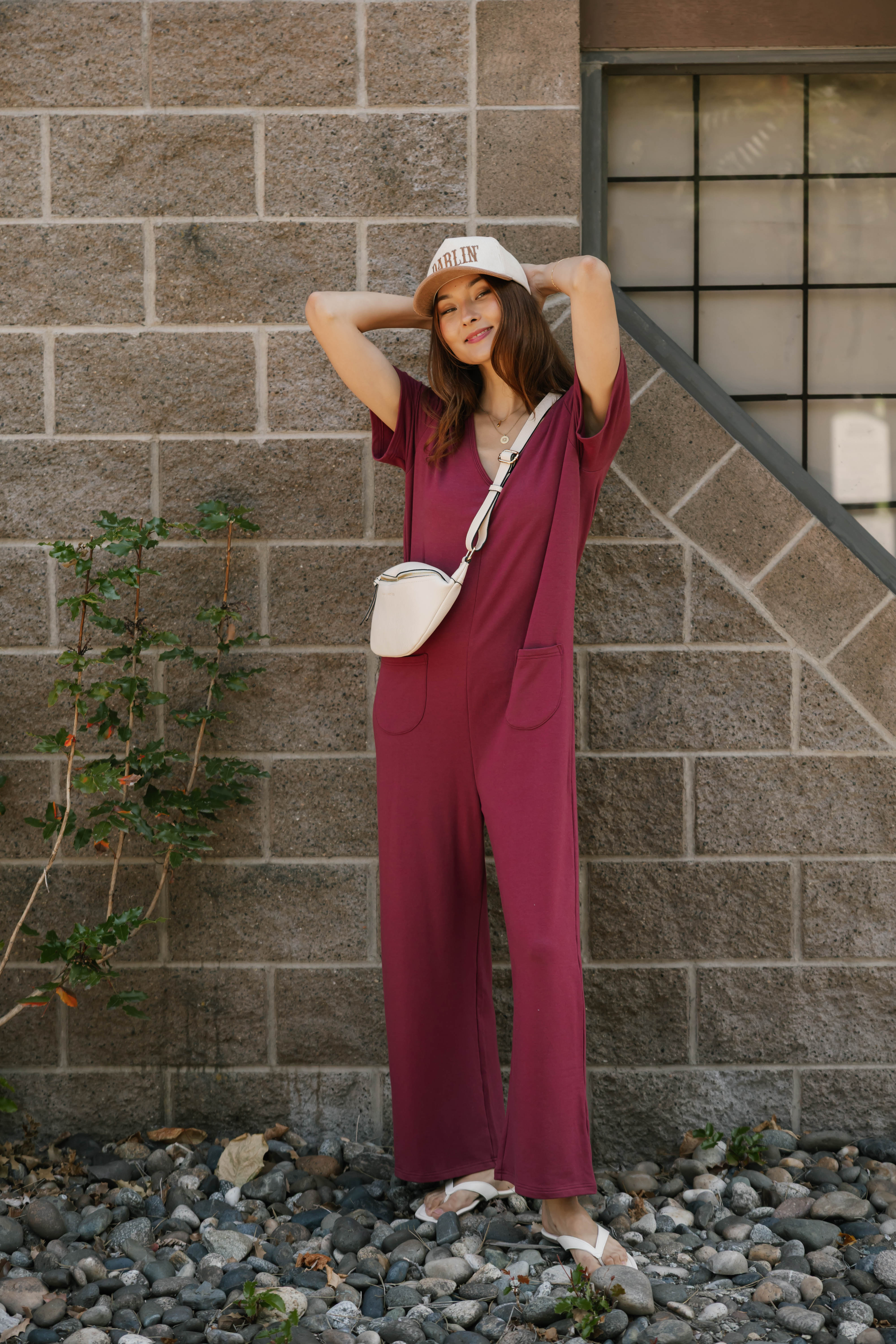Terry Wide Leg Romper in Dark Cranberry