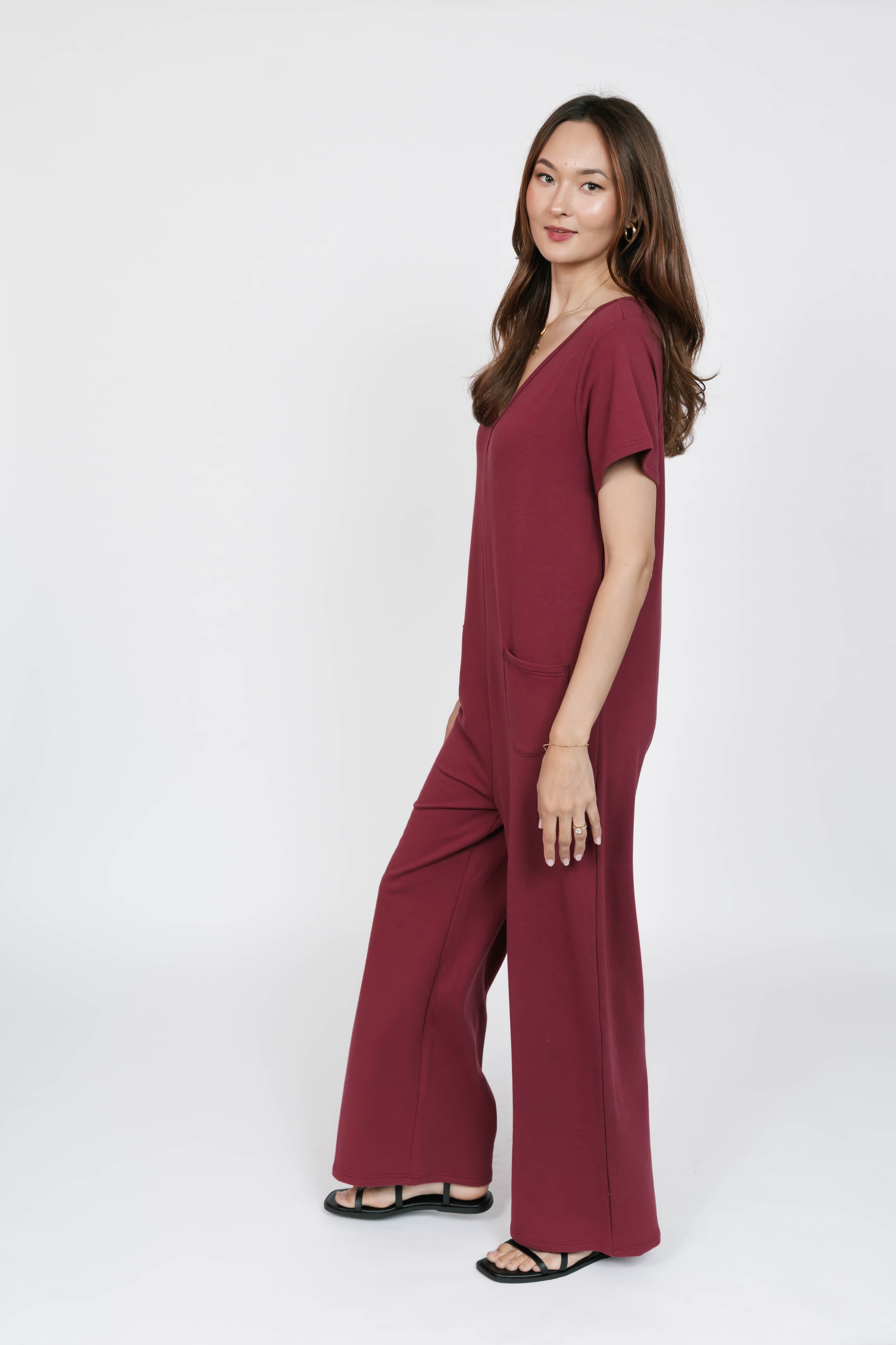 Terry Wide Leg Romper in Dark Cranberry