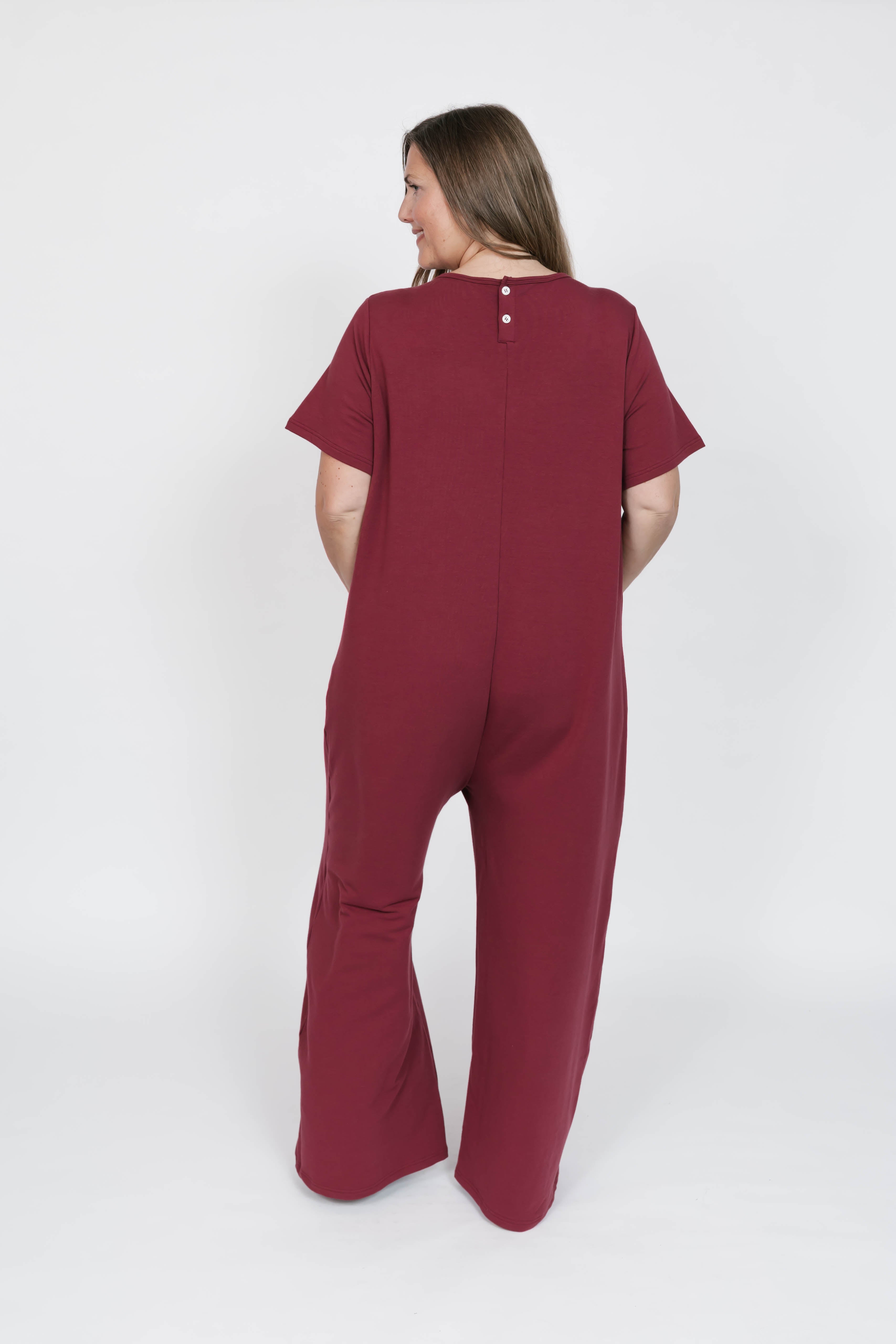 Terry Wide Leg Romper in Dark Cranberry