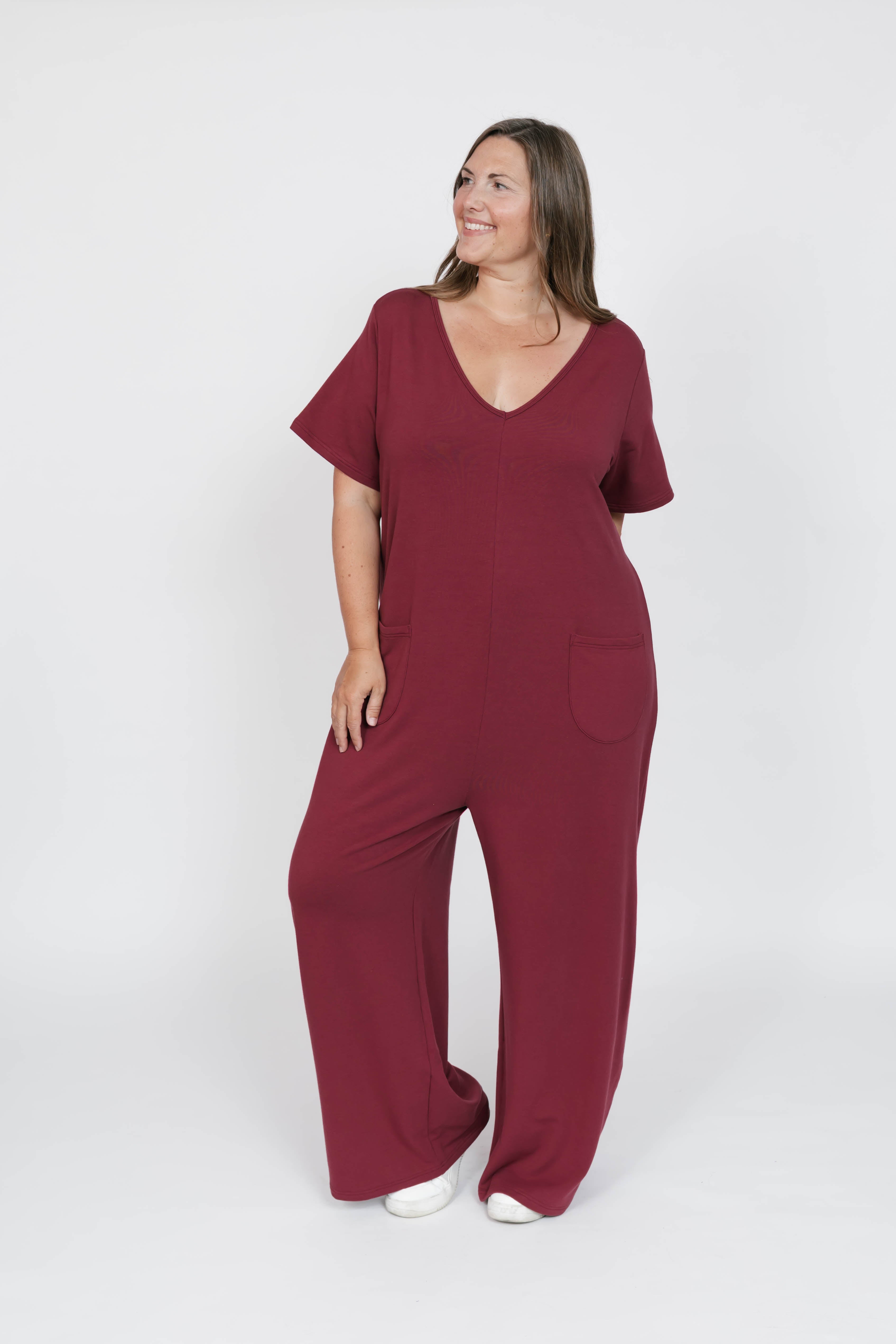 Terry Wide Leg Romper in Dark Cranberry
