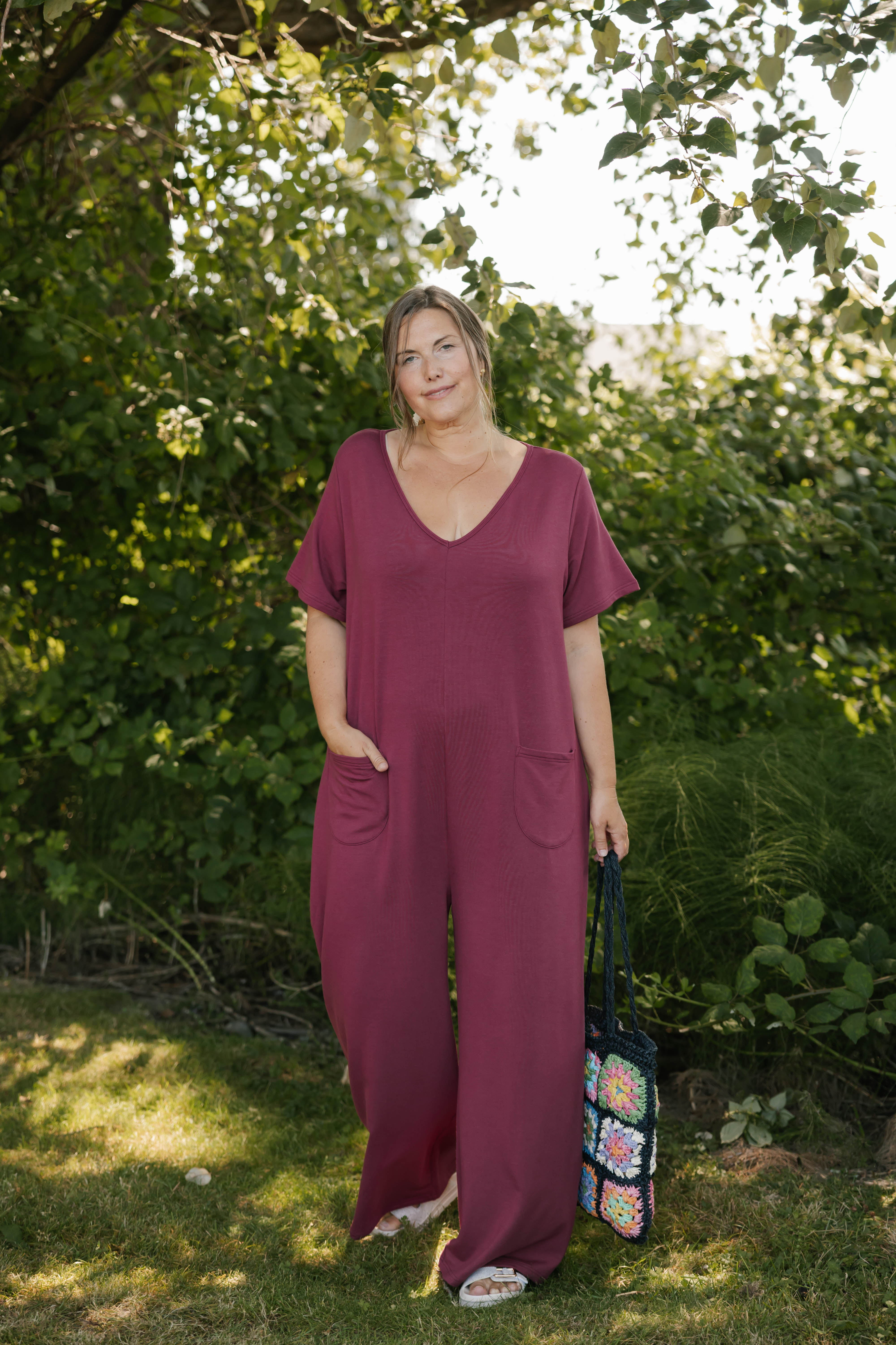 Terry Wide Leg Romper in Dark Cranberry