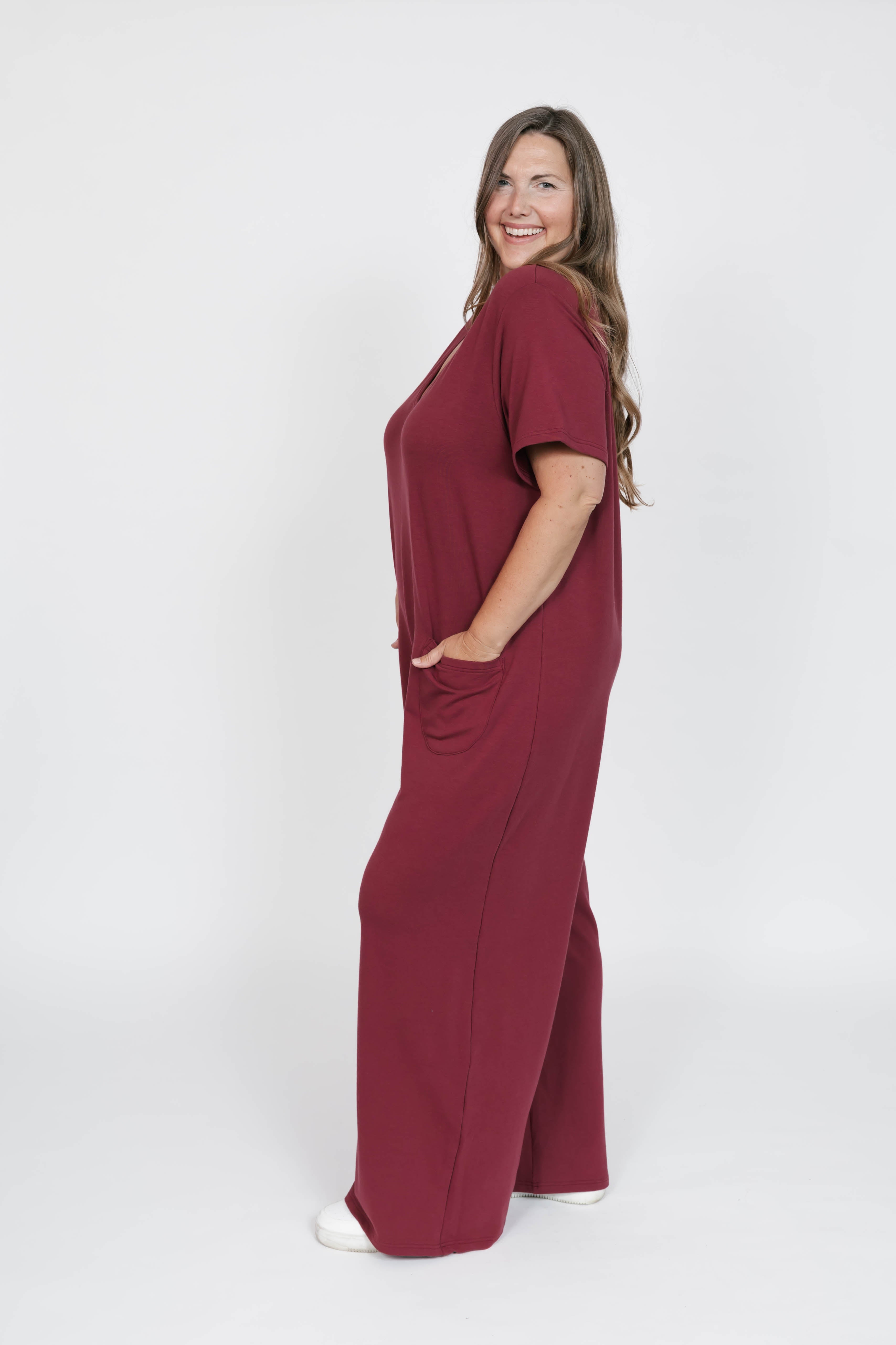 Terry Wide Leg Romper in Dark Cranberry