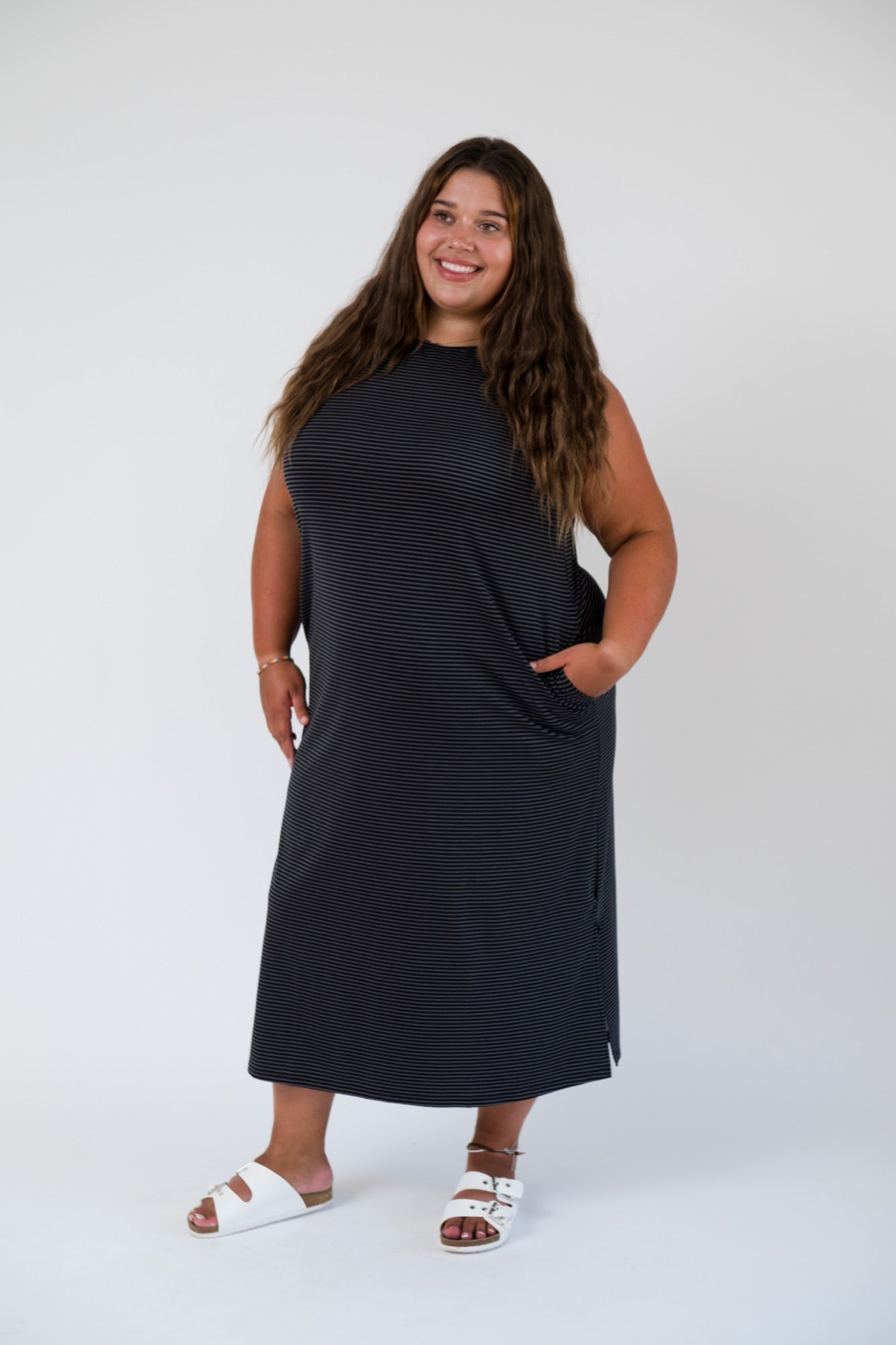 Thalia Midi Dress in Charcoal Stripe