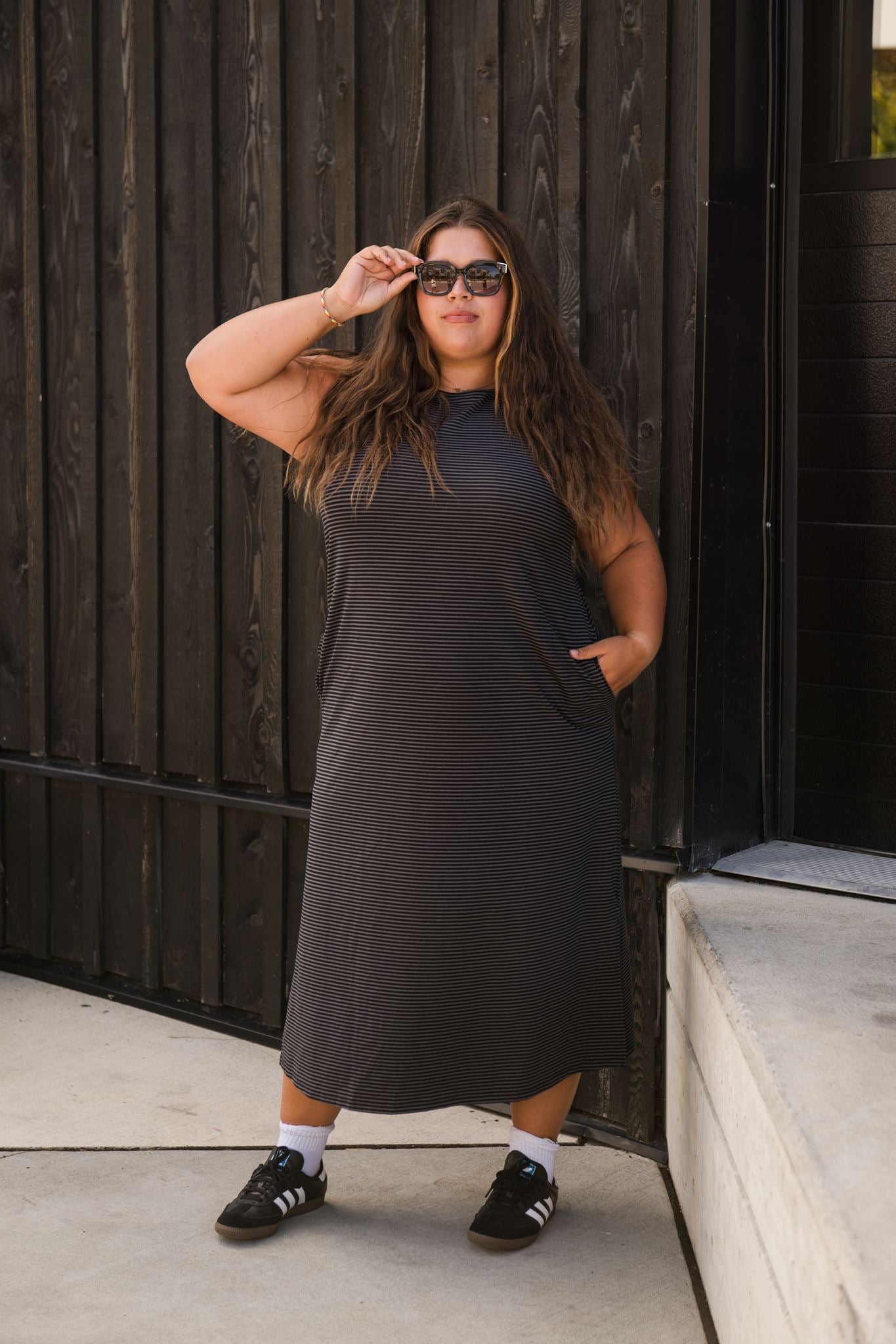 Thalia Midi Dress in Charcoal Stripe