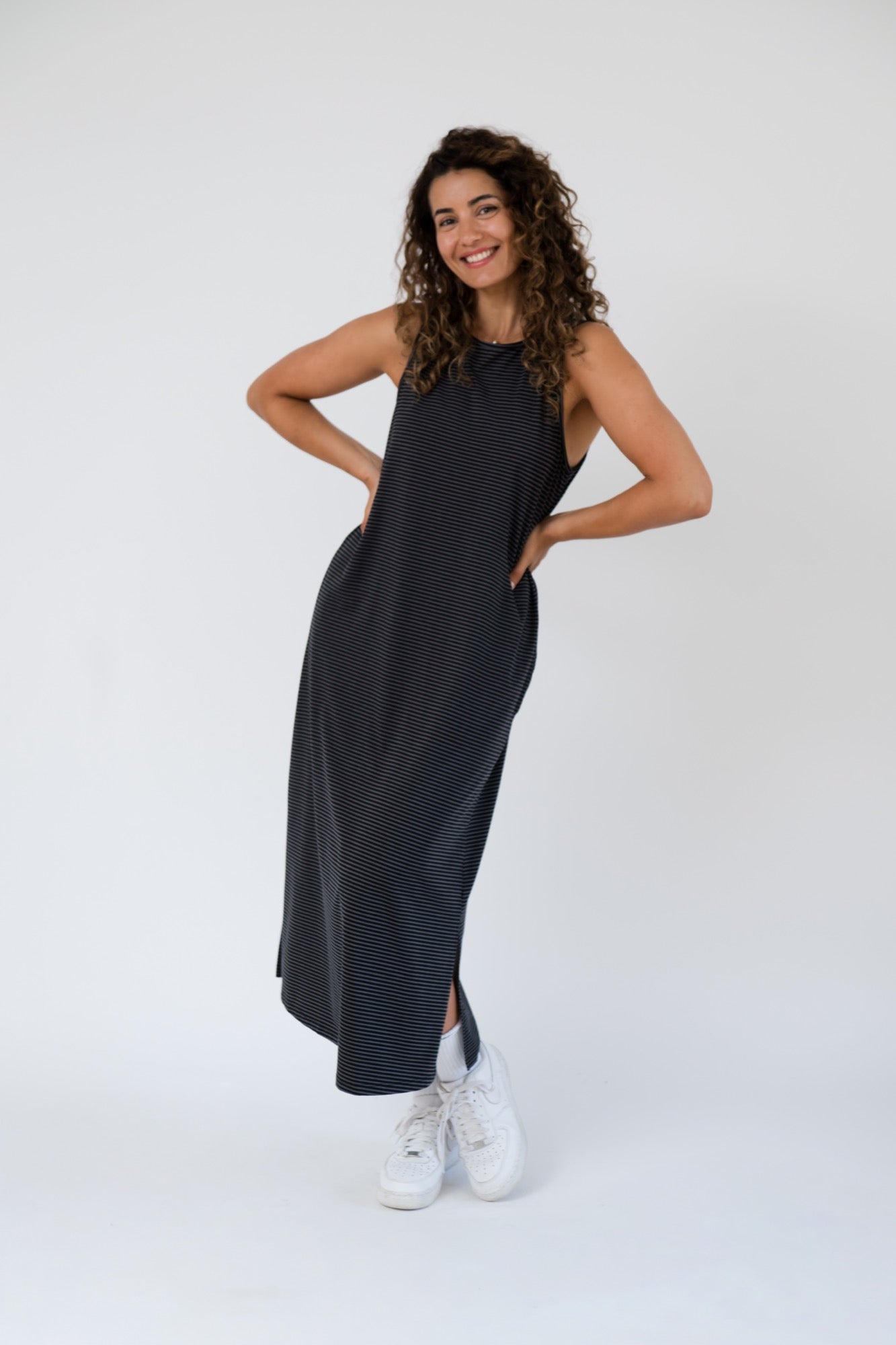 Thalia Midi Dress in Charcoal Stripe