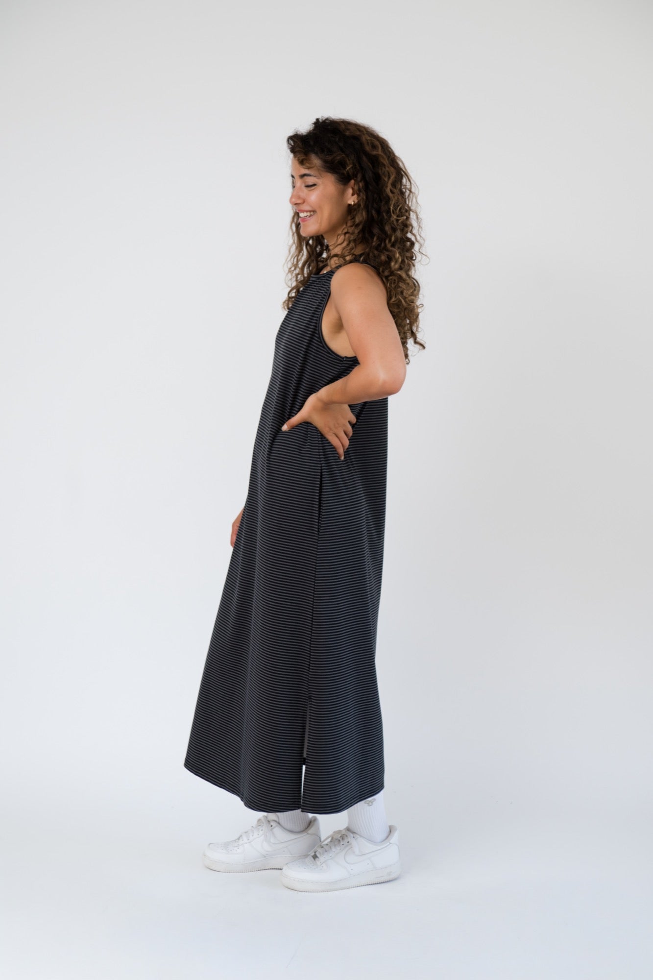 Thalia Midi Dress in Charcoal Stripe