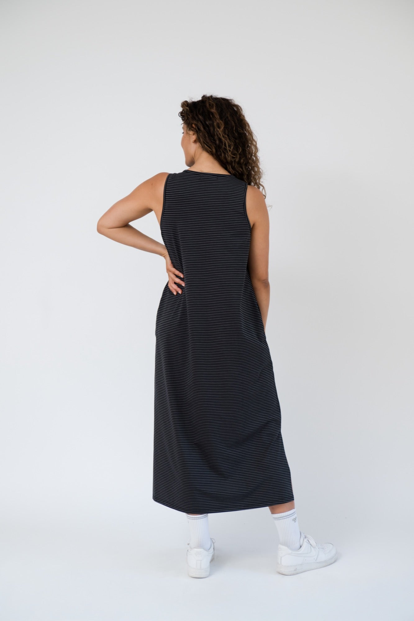 Thalia Midi Dress in Charcoal Stripe
